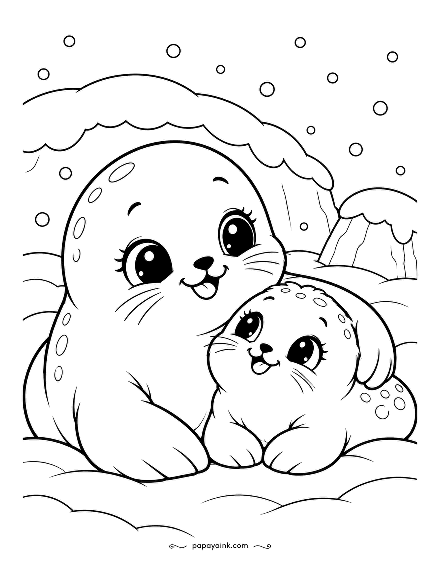Kawaii Winter Coloring Pages - Snow arch overhead, and a seal and her pup have made one shape out of two. The pup is the small spotted end. Soft gray on the mother, a lighter gray on the pup, and the spots in pencil dots.