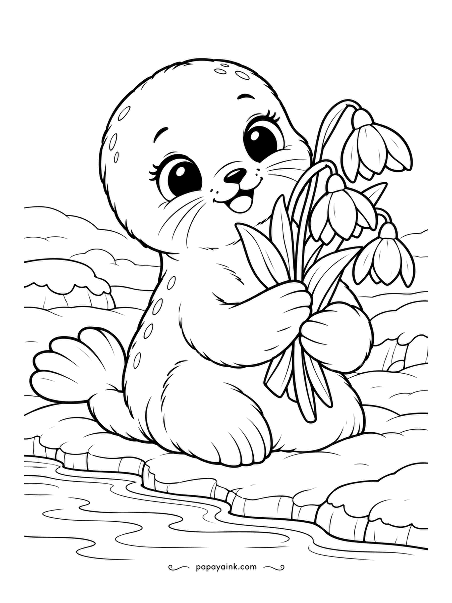 Cute Winter Coloring Pages - Bouquet of snowdrops, picked at the water's edge by a seal pup who clearly had someone in mind. Open sea beyond, snow on the bank. Gray seal, white flowers with green stems: most of the page stays untouched.