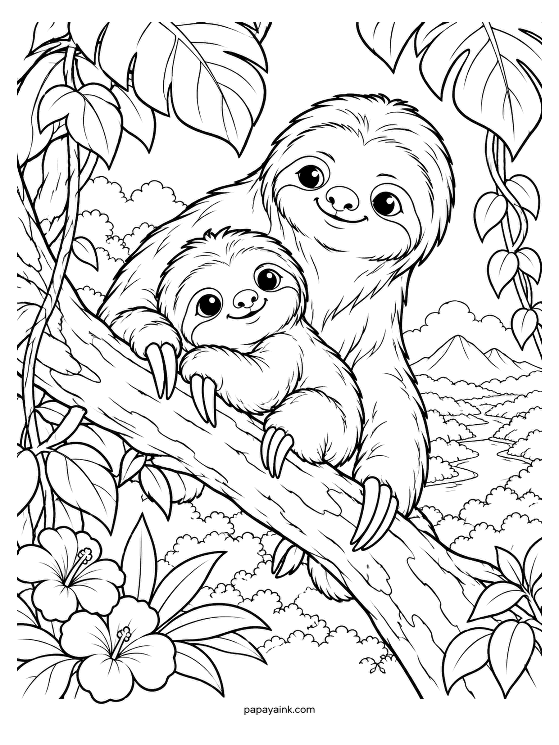 Baby Animal Coloring Pages - Sharing a branch, mother and infant sloth, both smiling as sloths always seem to, hibiscus below and a river valley behind. Sloths leave the trees about once a week. Tan coat, darker masks around the eyes.