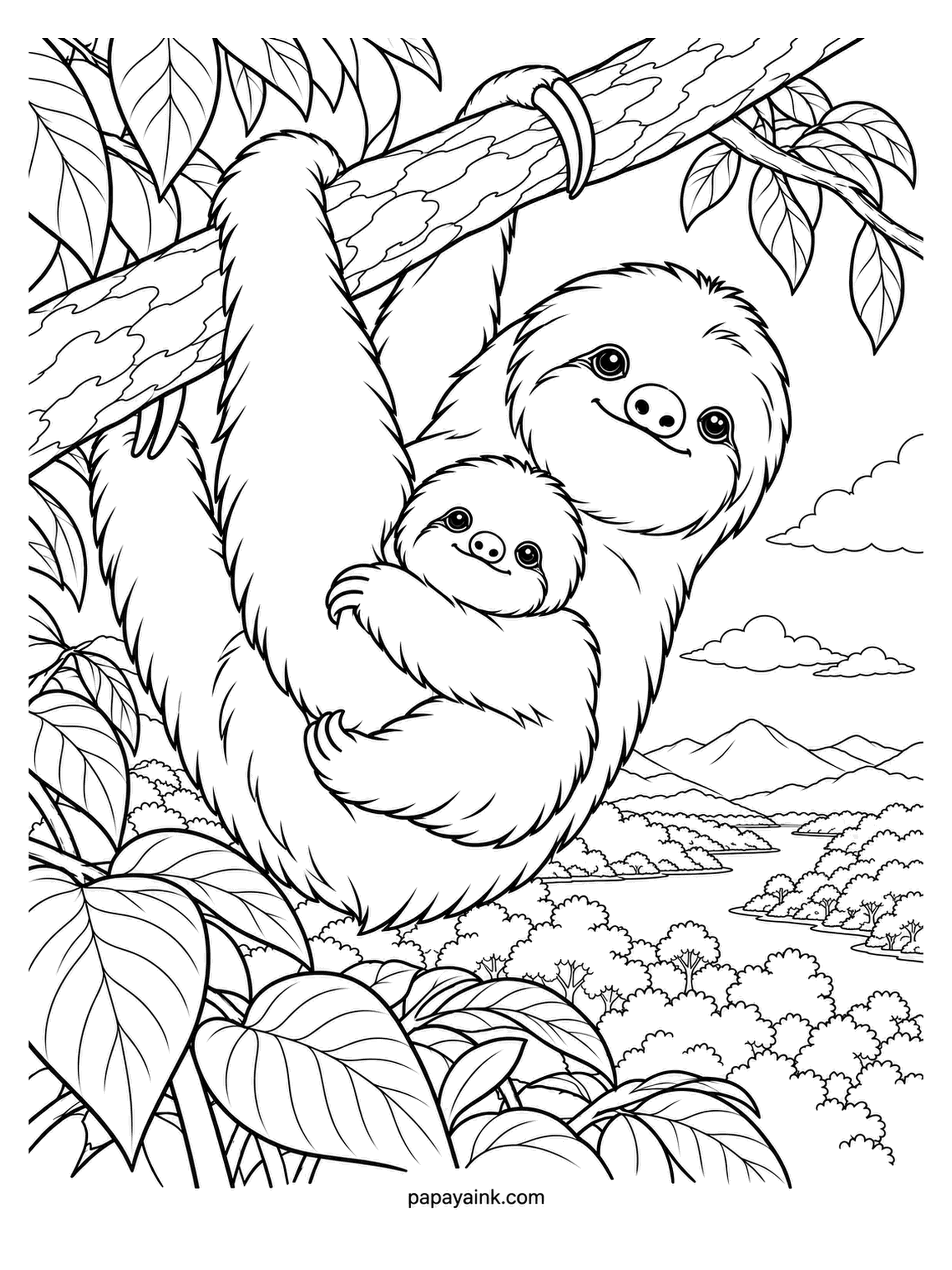 Baby Animal Coloring Pages - Hanging under the branch by all four limbs, the sloth mother carries her baby against her chest. The fur is long and drawn in strands; a greenish tint is accurate, since algae grow in it. Jungle canopy and distant hills. Detailed.