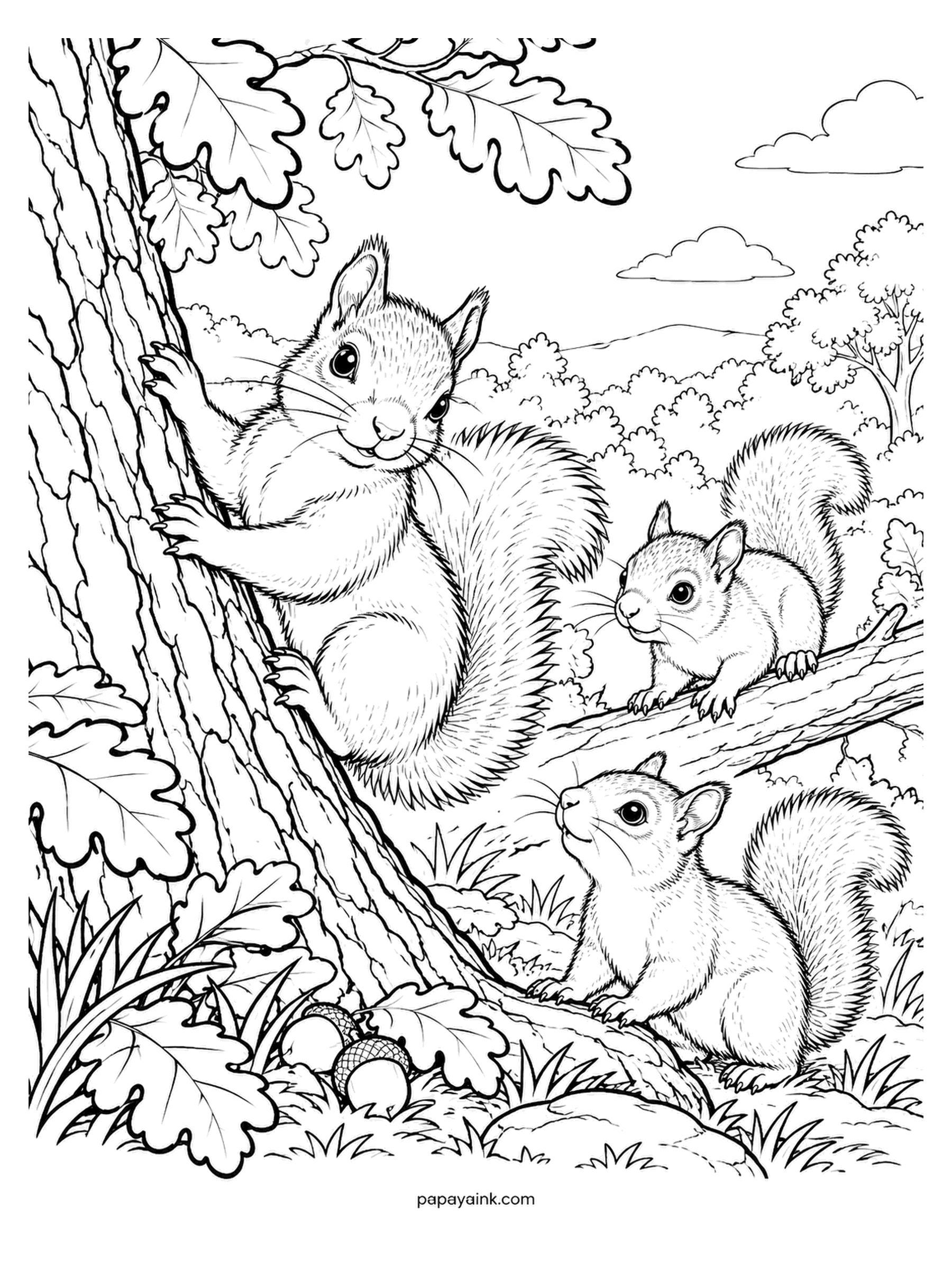 Baby Animal Coloring Pages - Young squirrels around an oak: one climbing, one on the log, one at the foot. The tails are long strokes - follow them with the pencil in the same direction for the softest effect. Silver squirrels, or red ones with ear tufts. Detailed.