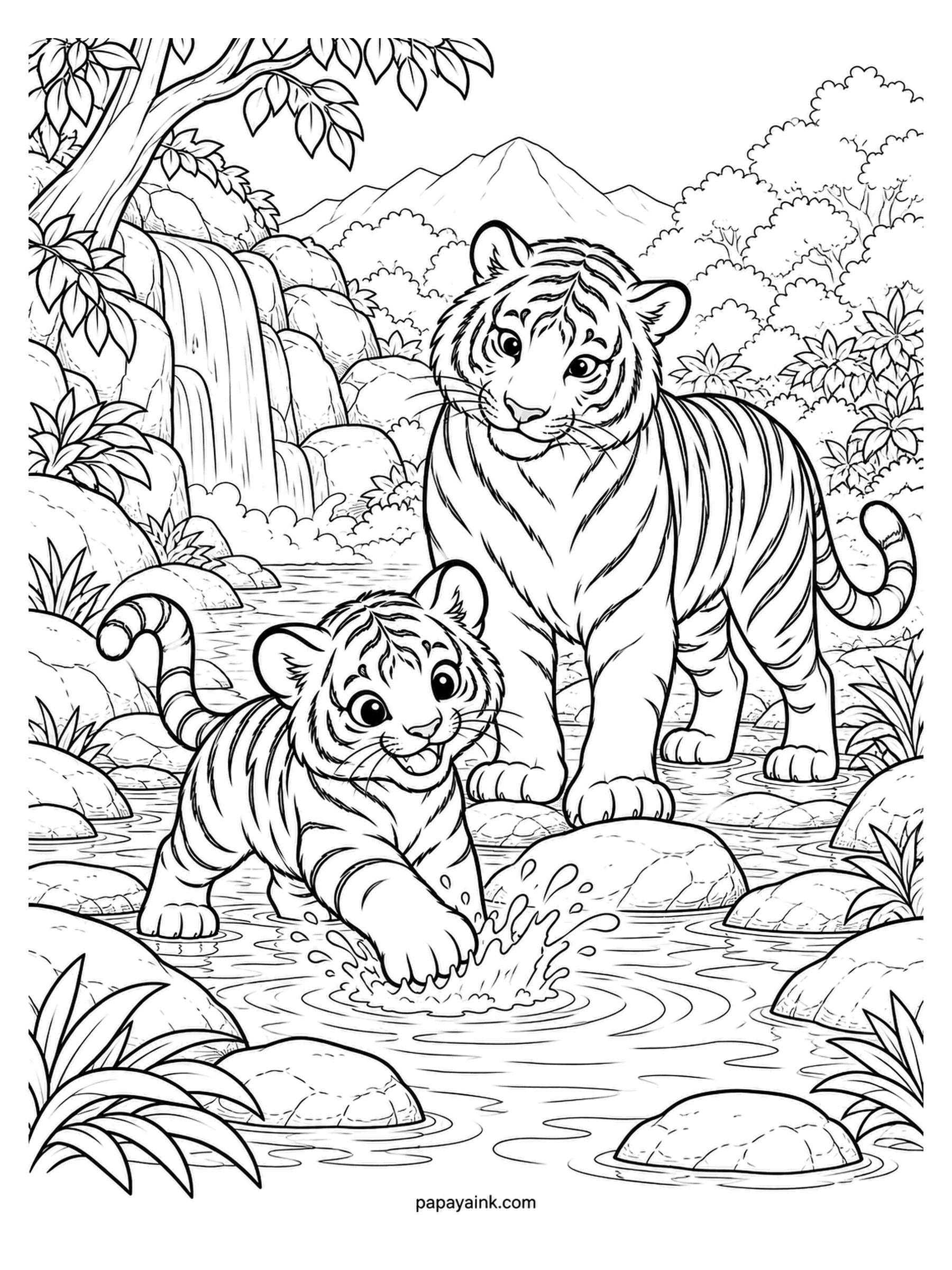 Baby Animal Coloring Pages - Splashing a stream with one paw while the tigress stands in the shallows and waits. Unlike most cats, tigers enjoy water and swim well. Orange with black stripes, white on the chin, chest and the inner ear.