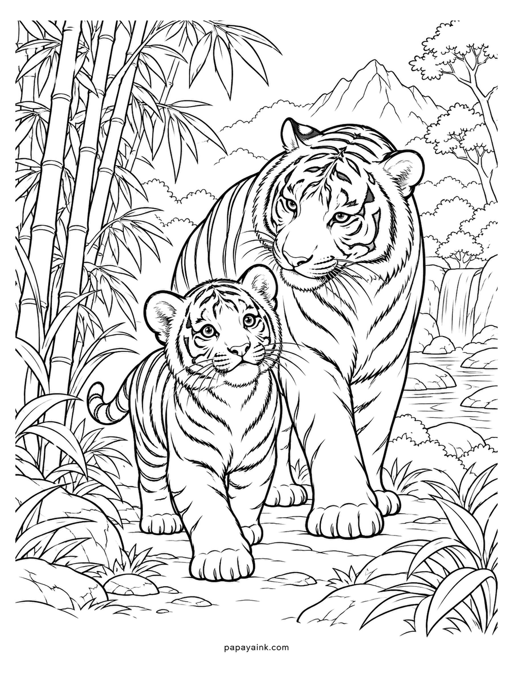 Baby Animal Coloring Pages - Coming through the bamboo together, the cub a step ahead, both with the same intent stare. No two tigers have the same stripe pattern. Put the orange in, then the stripes over it, and keep the muzzle and belly white. Detailed.