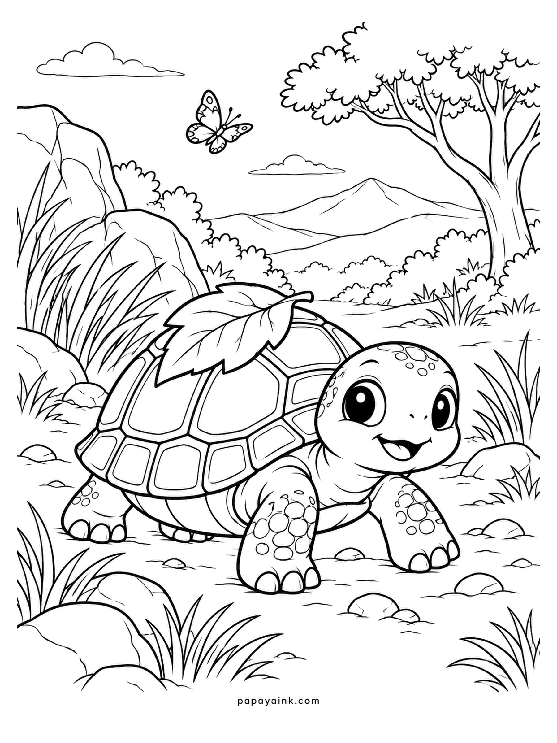 Baby Animal Coloring Pages - A tortoise hatchling wearing a leaf on its back like a hat, a butterfly passing overhead. Tortoises live on land and never swim; the stumpy feet give it away. Olive and umber for the shell, each plate a slightly different shade.