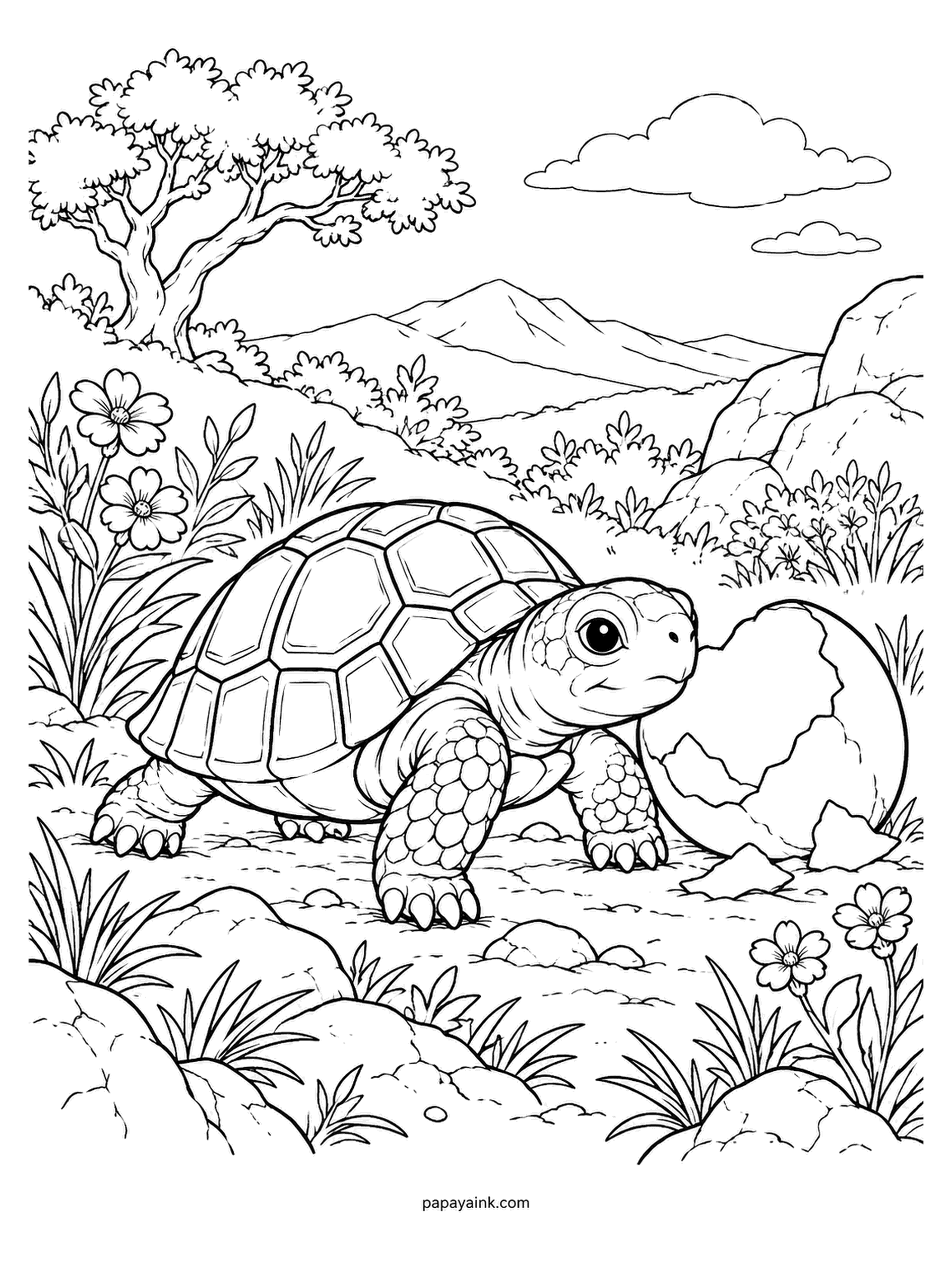 Baby Animal Coloring Pages - Fresh from the egg, the hatchling turns to look at the broken egg it came from. The carapace is already patterned, each scute with its own rings. Tortoise hatchlings are on their own from the first minute. Brown and amber shell, sage skin. Detailed.