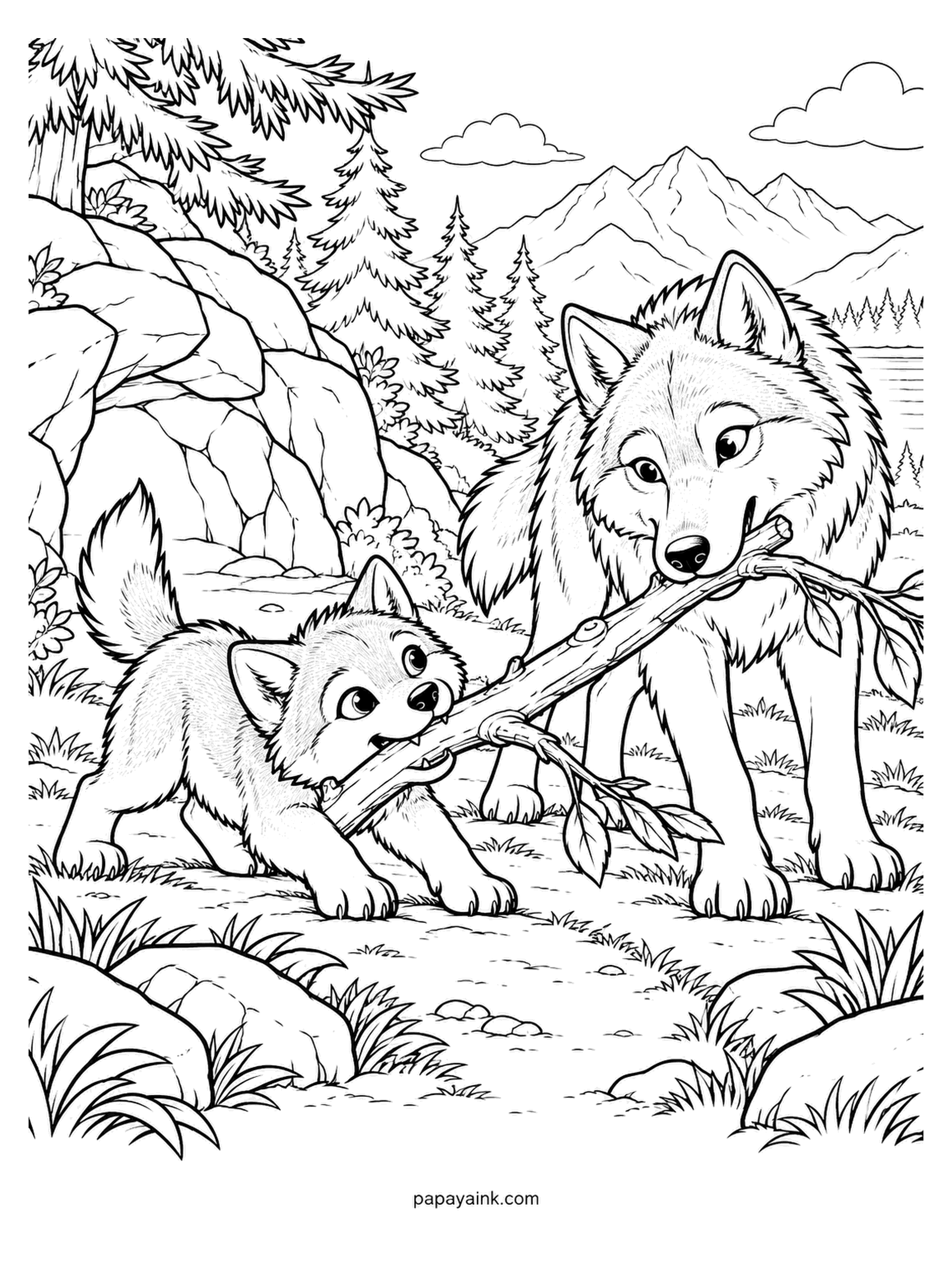 Baby Animal Coloring Pages - Tug-of-war over a branch, and the pup is losing badly but has not noticed. Mountains and spruce at the back. Wolf pups are born dark and lighten during the early months. Silver and cream for the adult, a sandier coat for the pup.
