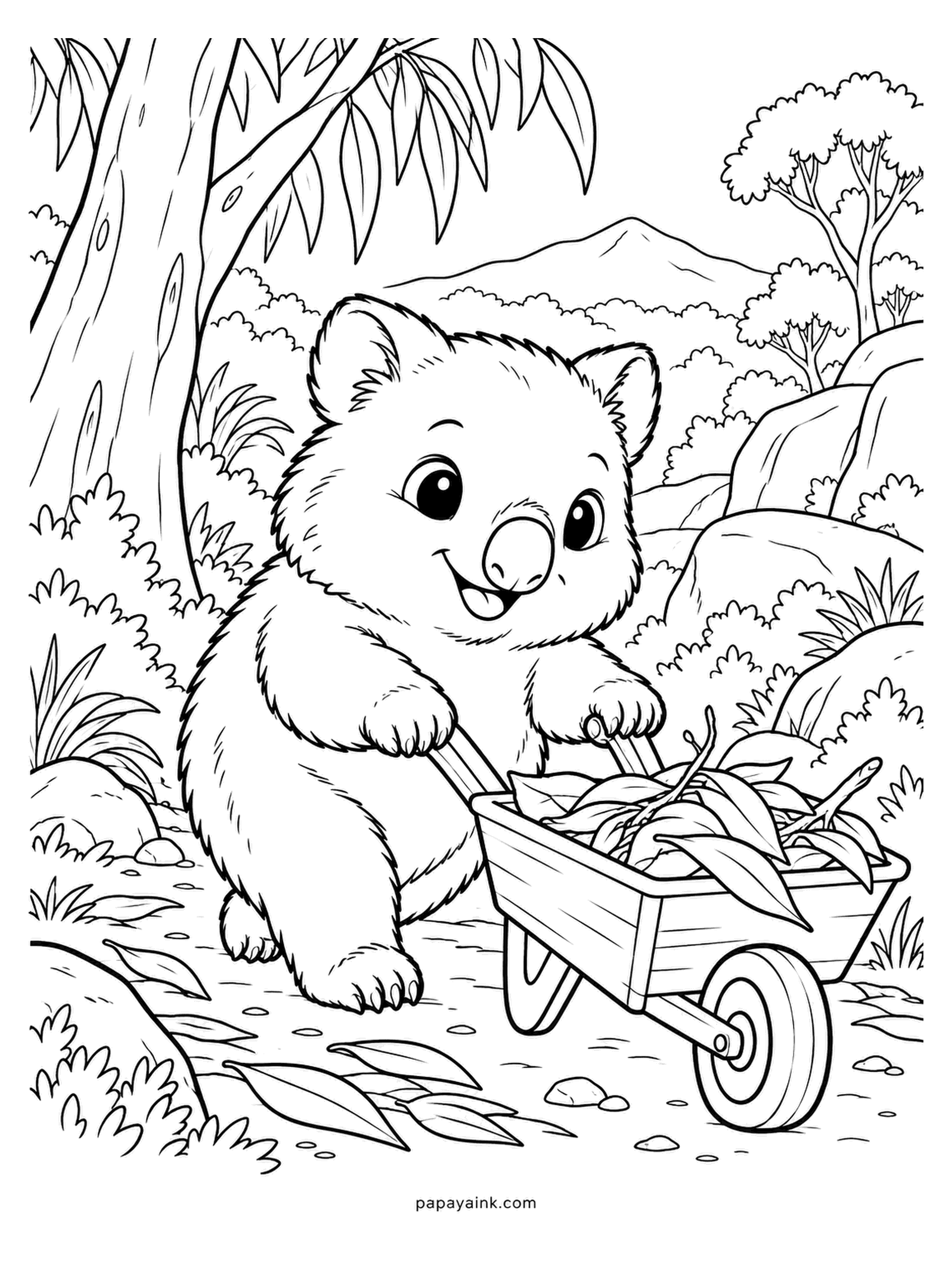 Baby Animal Coloring Pages - A wombat joey with a wheelbarrow of eucalyptus leaves, heading home past a boulder. Wombat pouches open backwards so dirt stays out when the mother digs. Mousy brown all over, a pink nose, and a heap of leafy color for the load.