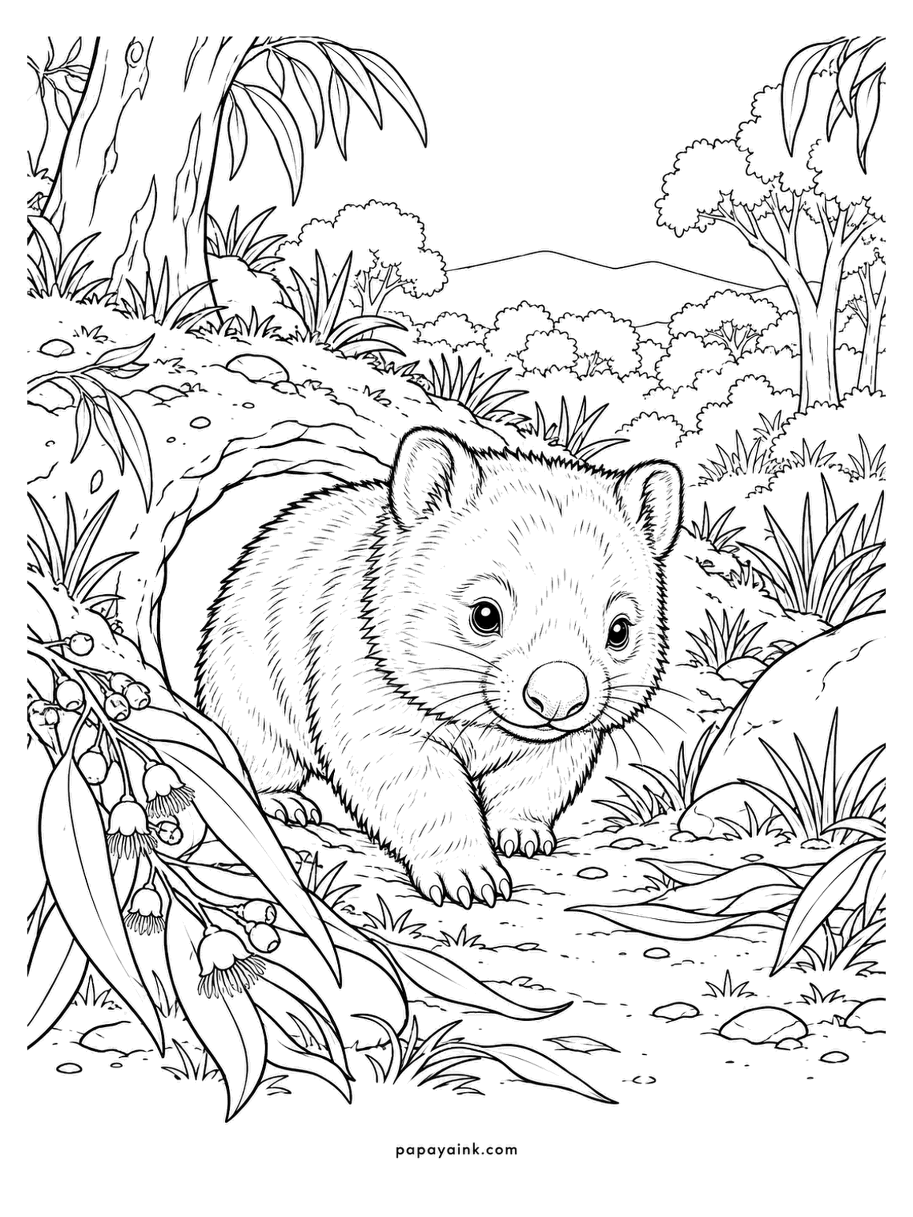Baby Animal Coloring Pages - Nose first out of the burrow under the gum tree roots. Wombats are built for digging - stubby limbs, broad feet, a barrel of a body. Coarse brown coat, and ochre earth around the burrow. Detailed.