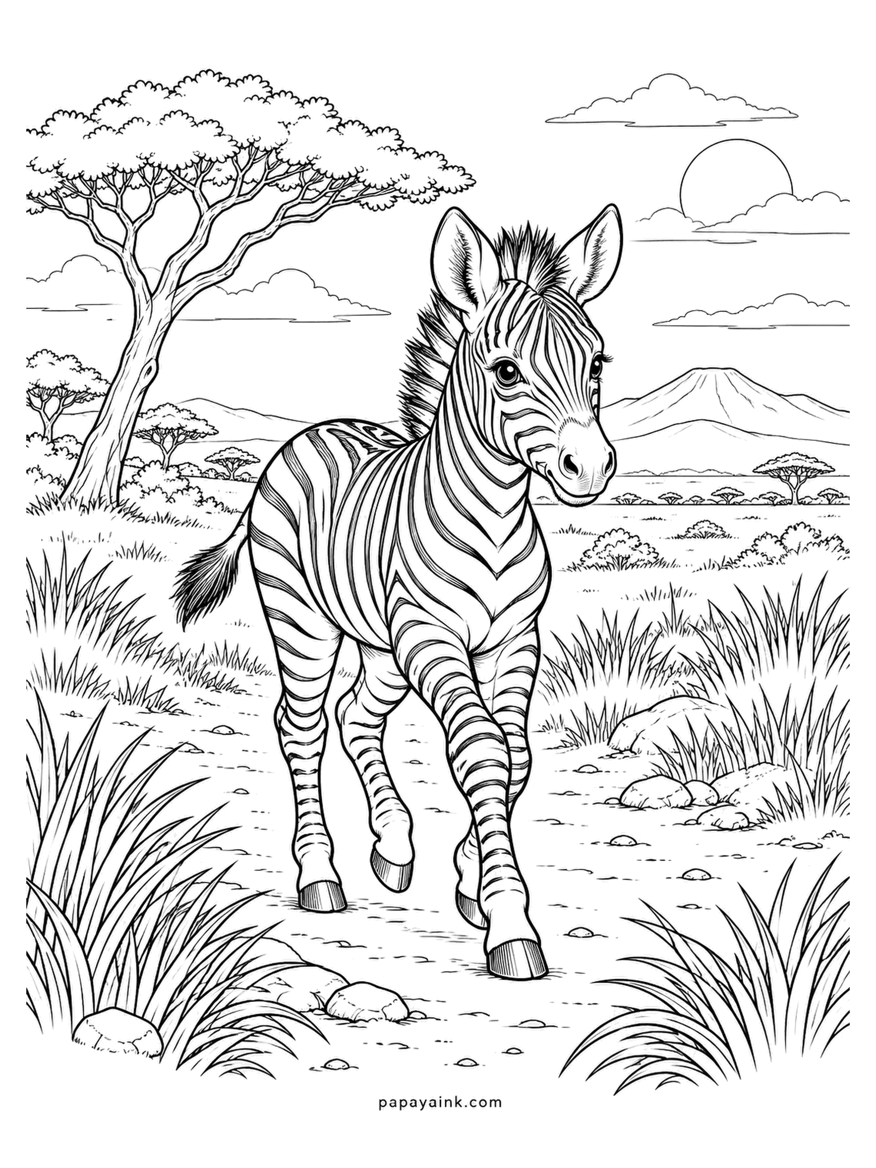Baby Animal Coloring Pages - Walking across the grassland toward you, stripes narrowing down the legs, a fuzzy foal coat and a short upright mane. Each zebra's pattern is one of a kind. Leave the stripes black or go sepia, and warm the grass with ochre. Detailed.