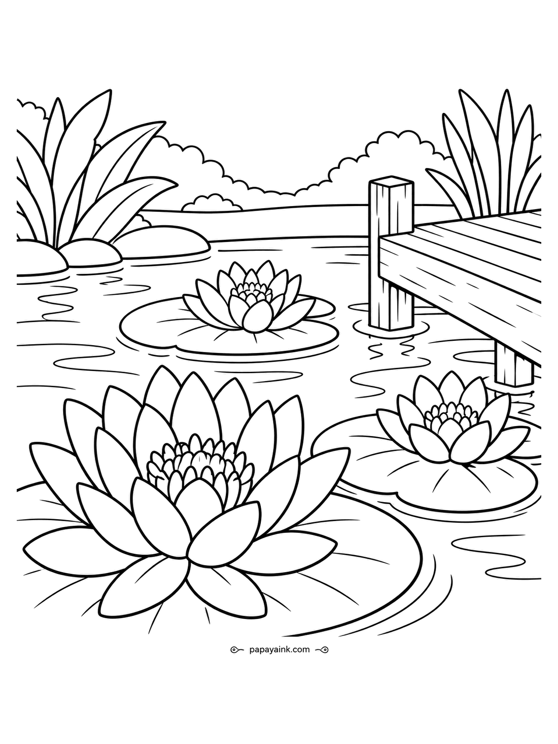 Garden Coloring Pages - Water lilies on their pads, the nearest one filling the foreground, and a short plank dock stepping out from the right bank. Ripples are drawn in thin lines; a light blue wash with the ripples untouched keeps the water looking wet.
