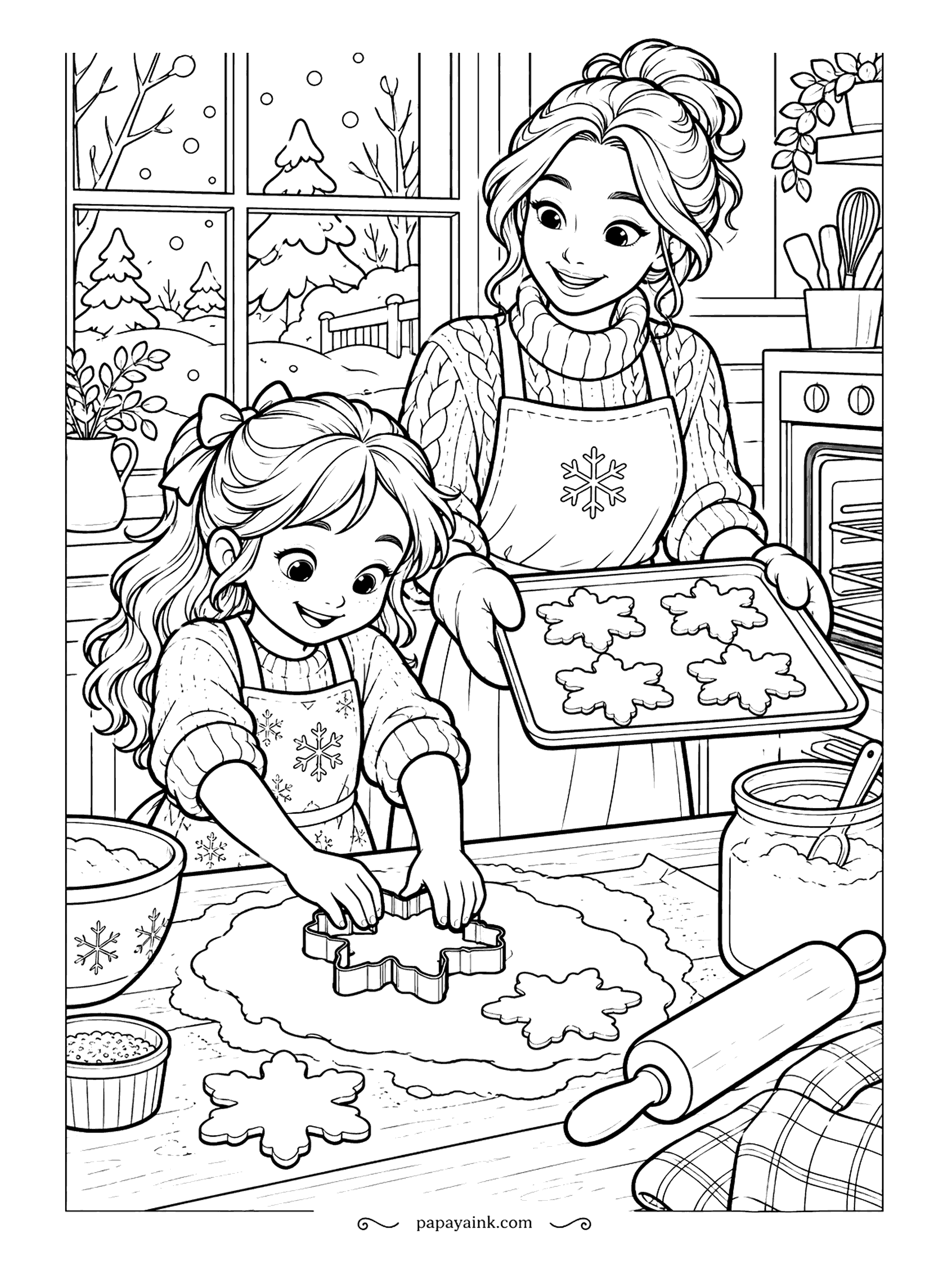 Free Printable Winter Coloring Pages - Snowflake cutter pressed into the dough and a tray of finished cookies comes out of the oven. Rolling pin, flour bowl and a sugar jar sit on the counter; the aprons and sweaters match the cookies. Warm kitchen colors, cold window.
