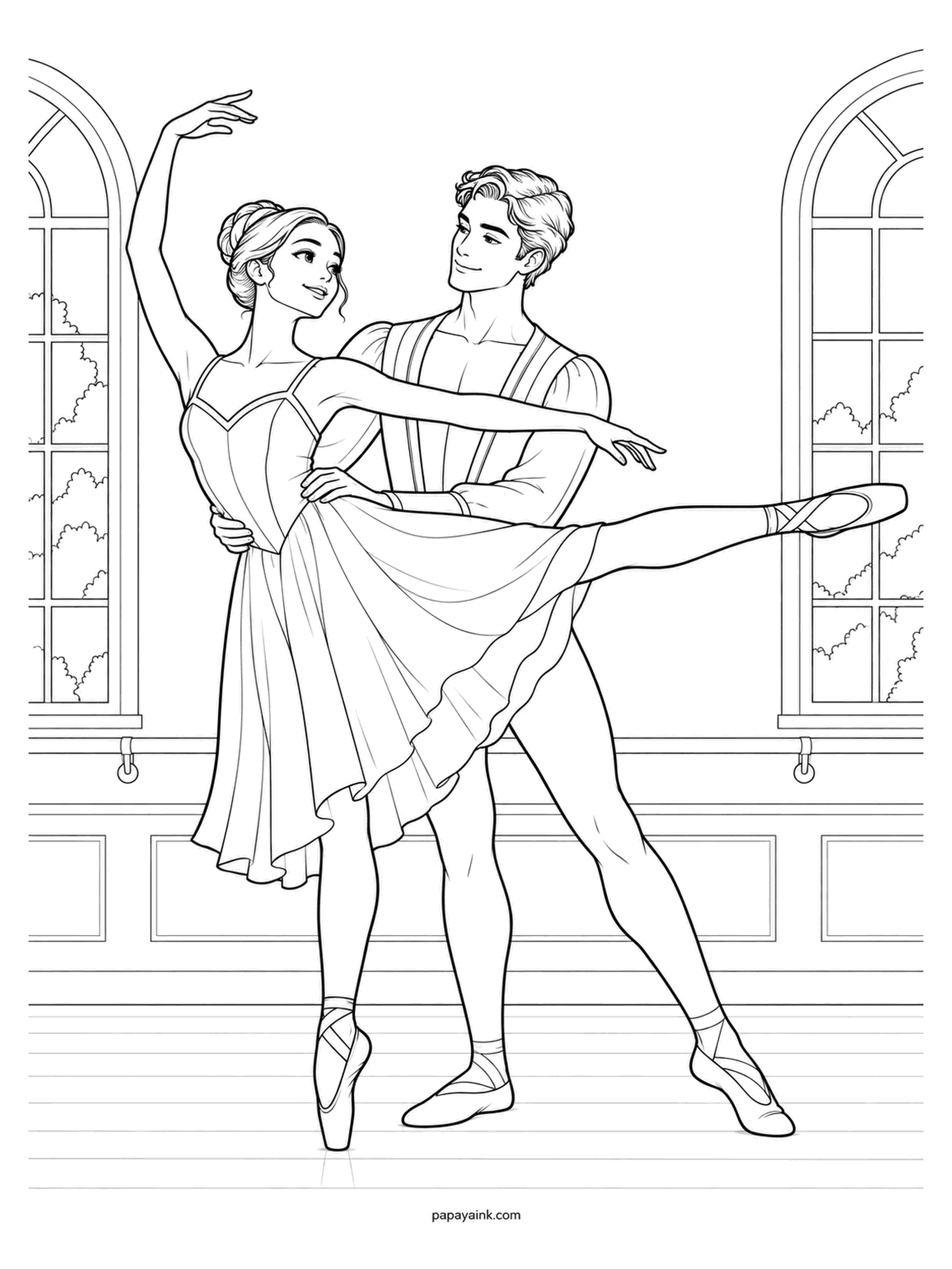Ballerina Coloring Pages - One foot on the floor, one leg stretched out at hip height, fingers curved above her head. Behind her, he braces in a wide stance and lets her take the applause. Beyond the arches lies a hint of garden for a touch of green.
