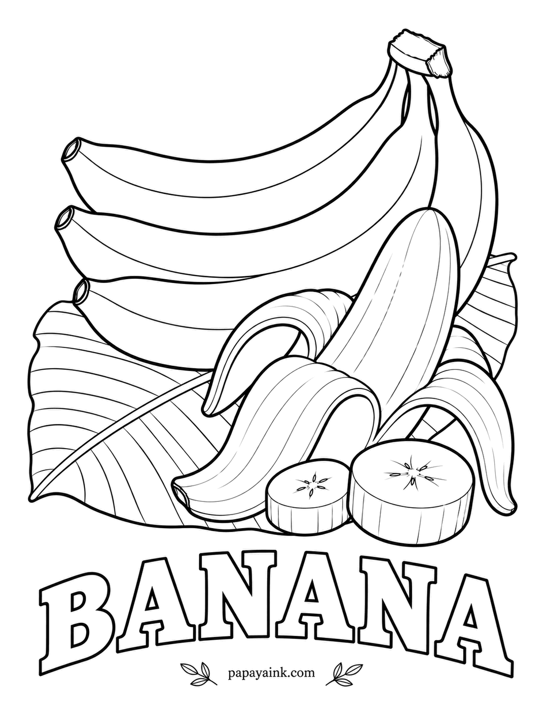 Printable Fruit Coloring Pages - Bananas by the hand, one peeled, two slices revealing the tiny seed ring in the middle. Bananas ripen from green through yellow to speckled brown, so pick the stage you like and color the whole bunch to match.