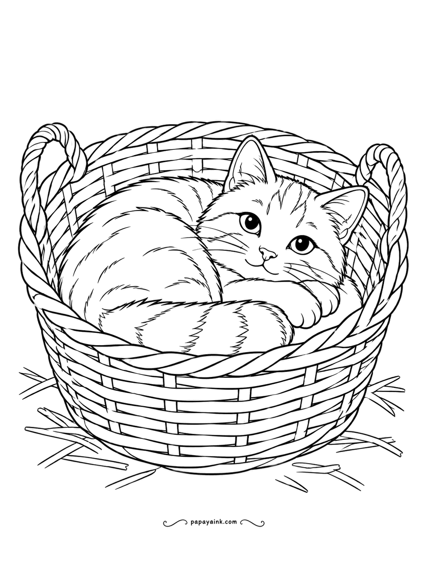 Farm Coloring Pages - Barn cat curled into a feed basket that was clearly not meant for cats, one eye on whoever is watching. Woven rim, straw underneath, nothing else - the simplest sheet in this set. Tabby stripes in two browns, and the weave in alternating tones.