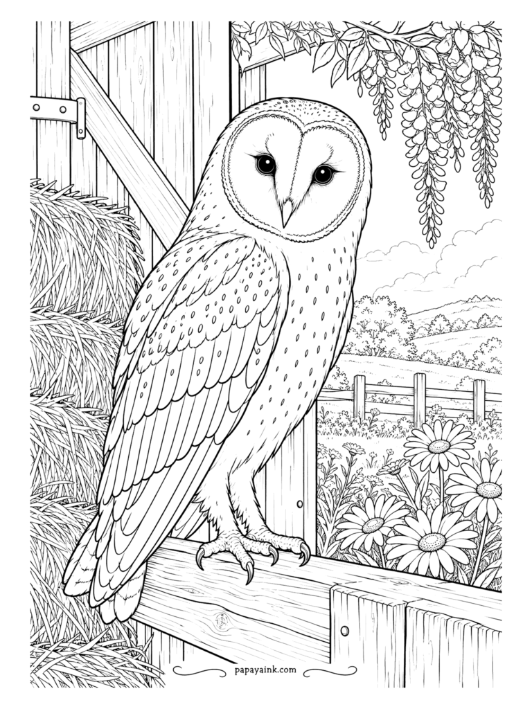 Owl Coloring Pages - Barn owls hunt by ear, and the heart-shaped face is really a sound dish. Home at the hayloft doorway by dawn, wisteria over the frame, daisies along the fence. Detailed - leave the face nearly white and let the barn boards carry the color.