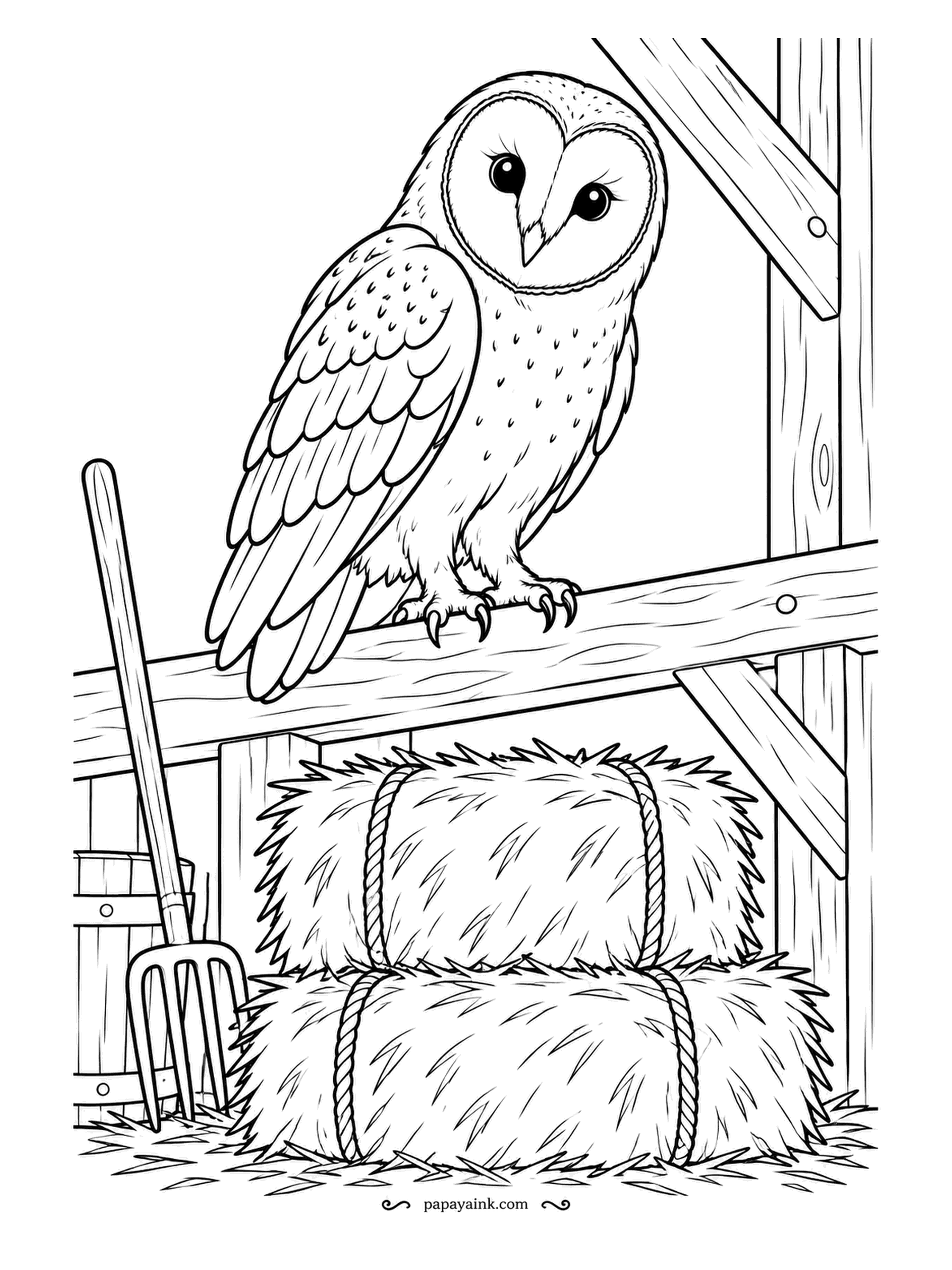 Farm Coloring Pages - Barn owl on a rafter above two tied hay bales, heart-shaped face turned straight at you, a pitchfork leaning on the barrel beneath. The farm's night-shift mouser. Speckle the wings with a fine pen and leave the face untouched.