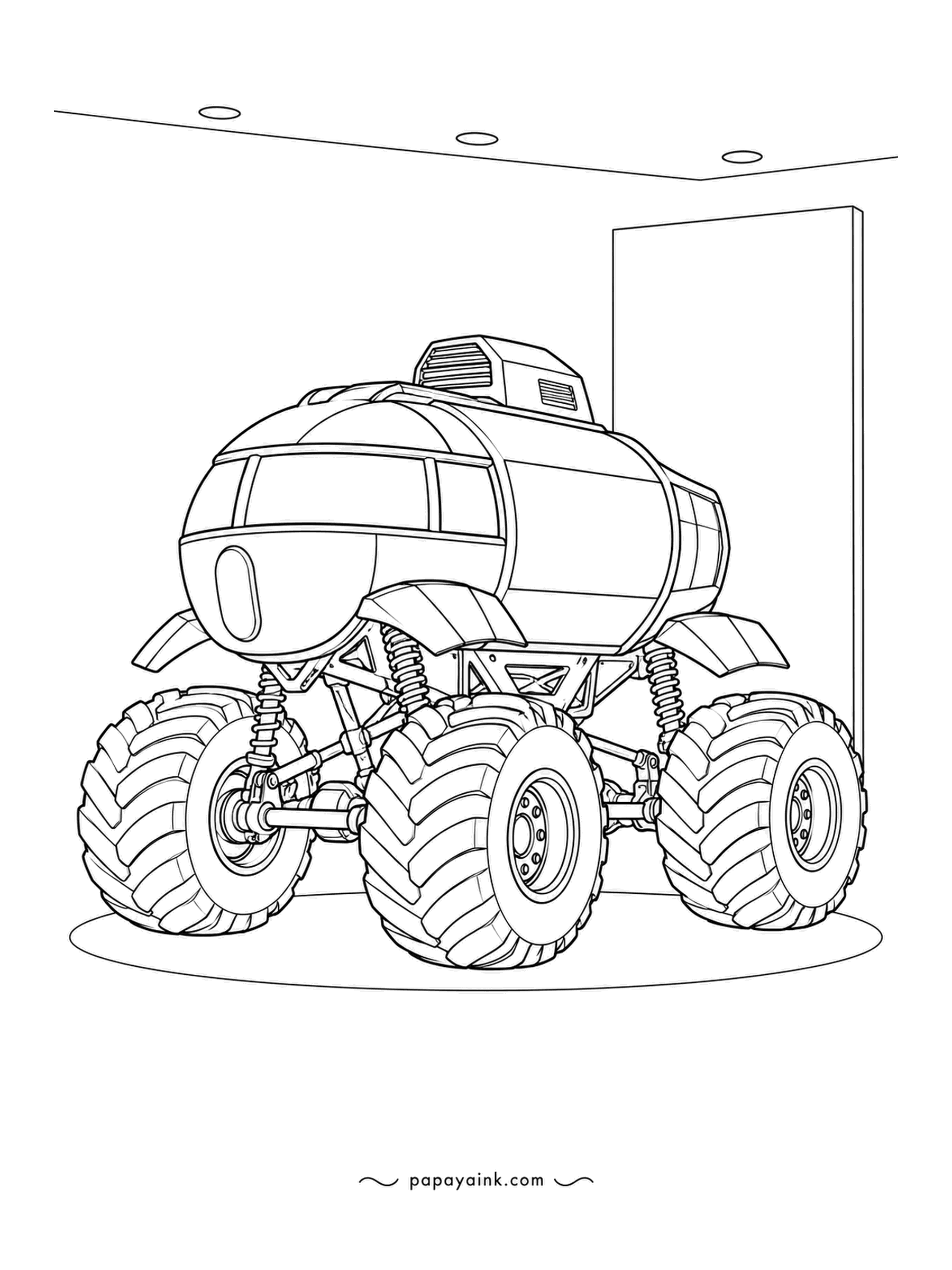 Monster Truck Coloring Pages - Gallery lighting, a folded panel for a backdrop, and a cabover with a body like a barrel laid on its side, porthole windows included. Nothing else to distract. Try a metallic sheen on the barrel.