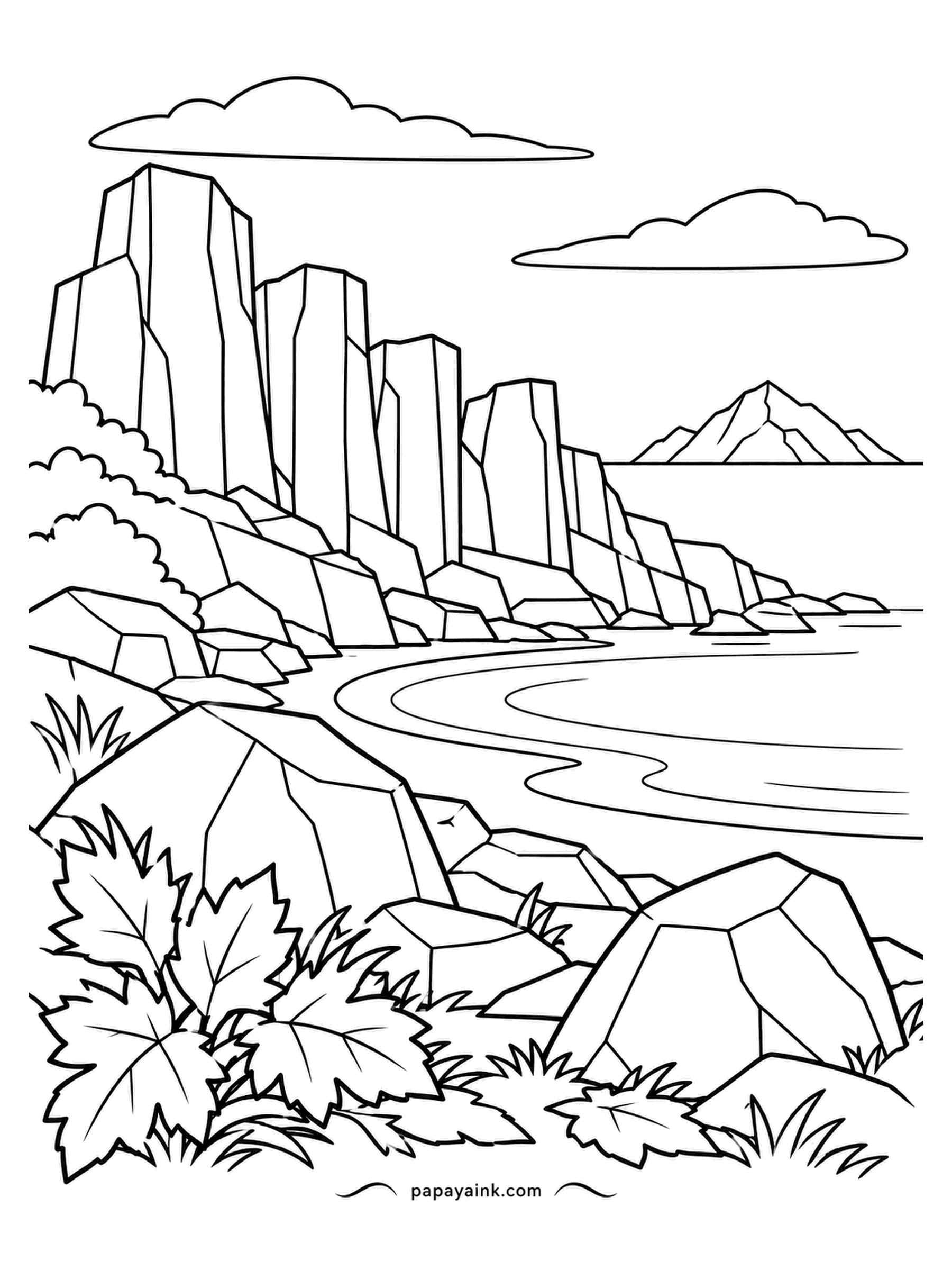 Nature Coloring Pages - Columns of basalt line this shore like organ pipes, which is what cooling lava does when nobody is watching. A distant volcano and a curve of surf fill the gap, and fallen leaves lie in the corner. Charcoal columns against a bright sea.