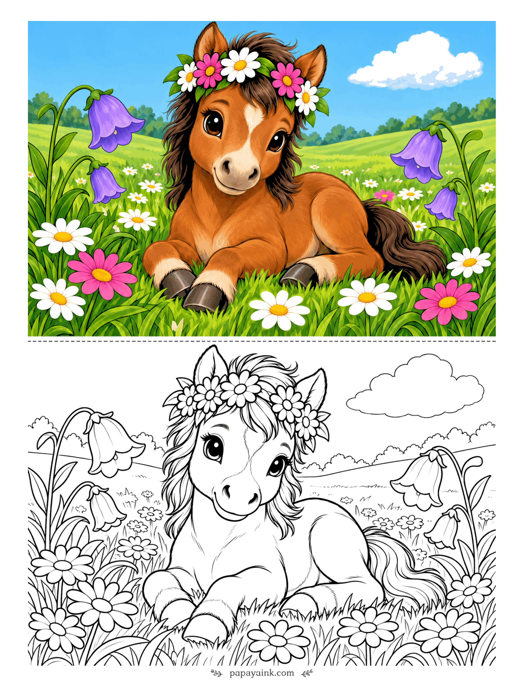 Cute Horse Coloring Pages - Crowned in daisies and pink cosmos, a bay foal lies in the meadow and looks very pleased about it. Bluebells frame the scene on both sides. Give the crown the brightest colors and hold the field to a soft green.