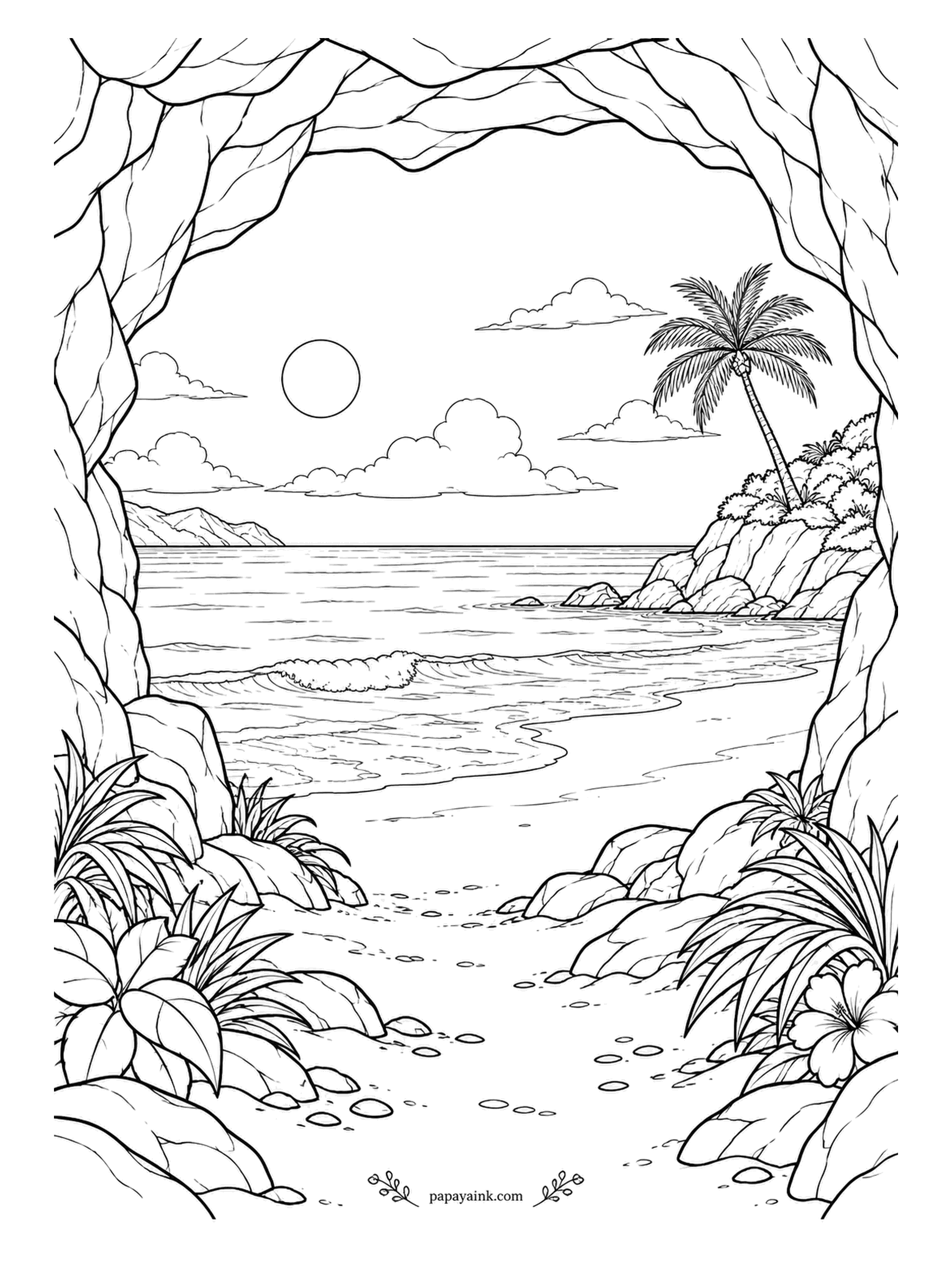 Beach Coloring Pages - The beach seen from inside a sea cave, the rock mouth framing sun, sea and a single palm on the far point. Work the cave walls in deep gray and brown and keep everything outside the opening bright - the contrast is the picture.