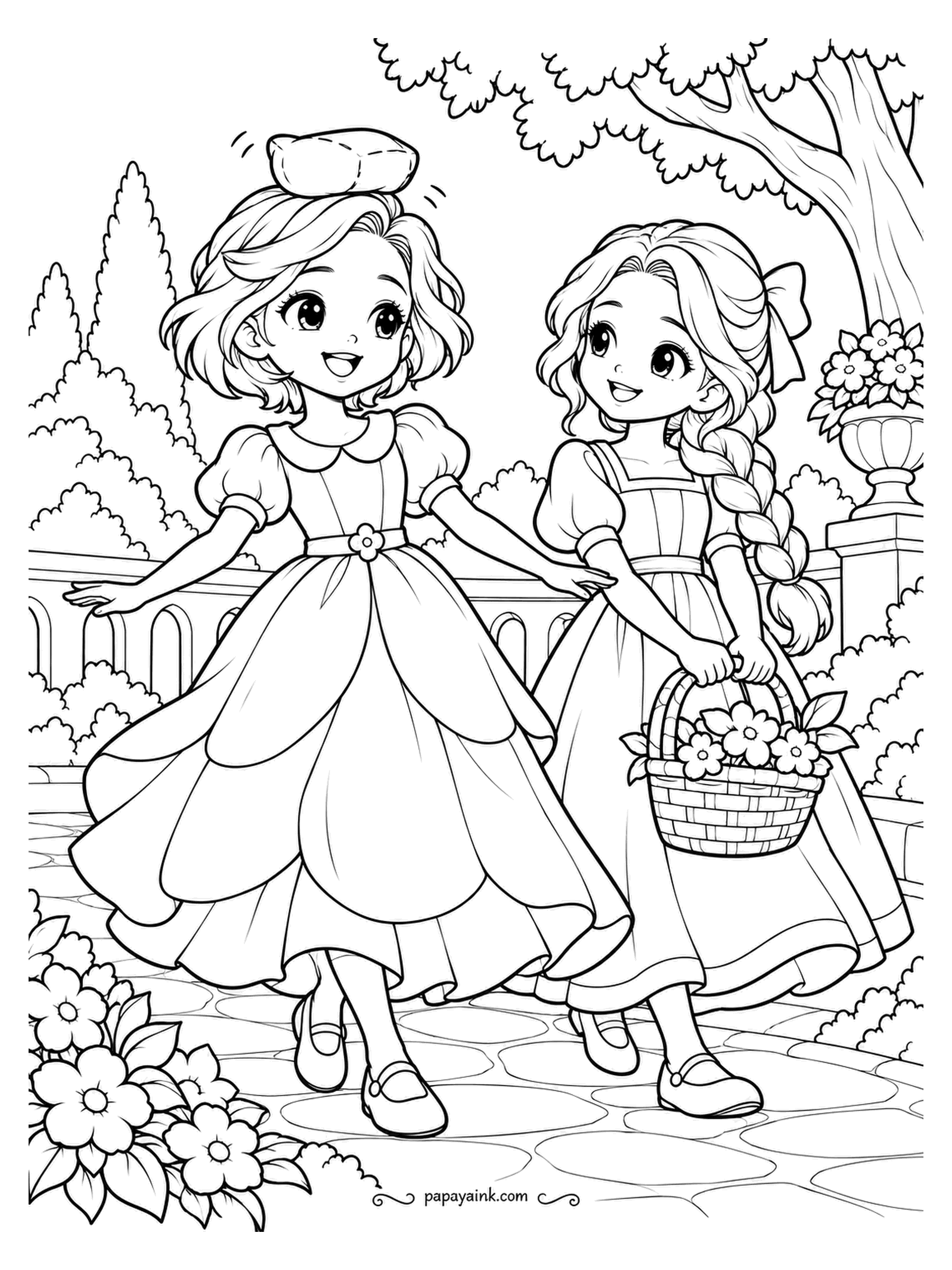 Kawaii Princess Coloring Pages - Deportment class, garden version: a beanbag on the head and no hands allowed. The princess is halfway along the path, arms out like a tightrope walker, and her friend with the basket is pretending not to count the wobbles. Big smooth dress, easy page.