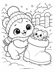 Kawaii Winter Coloring Pages - Somebody lost a boot and somebody else found a ship. The bear cub pushes it through the snow while the mouse rides in the fur cuff and gives directions. Leave the cuff a soft gray so the little passenger stands out.