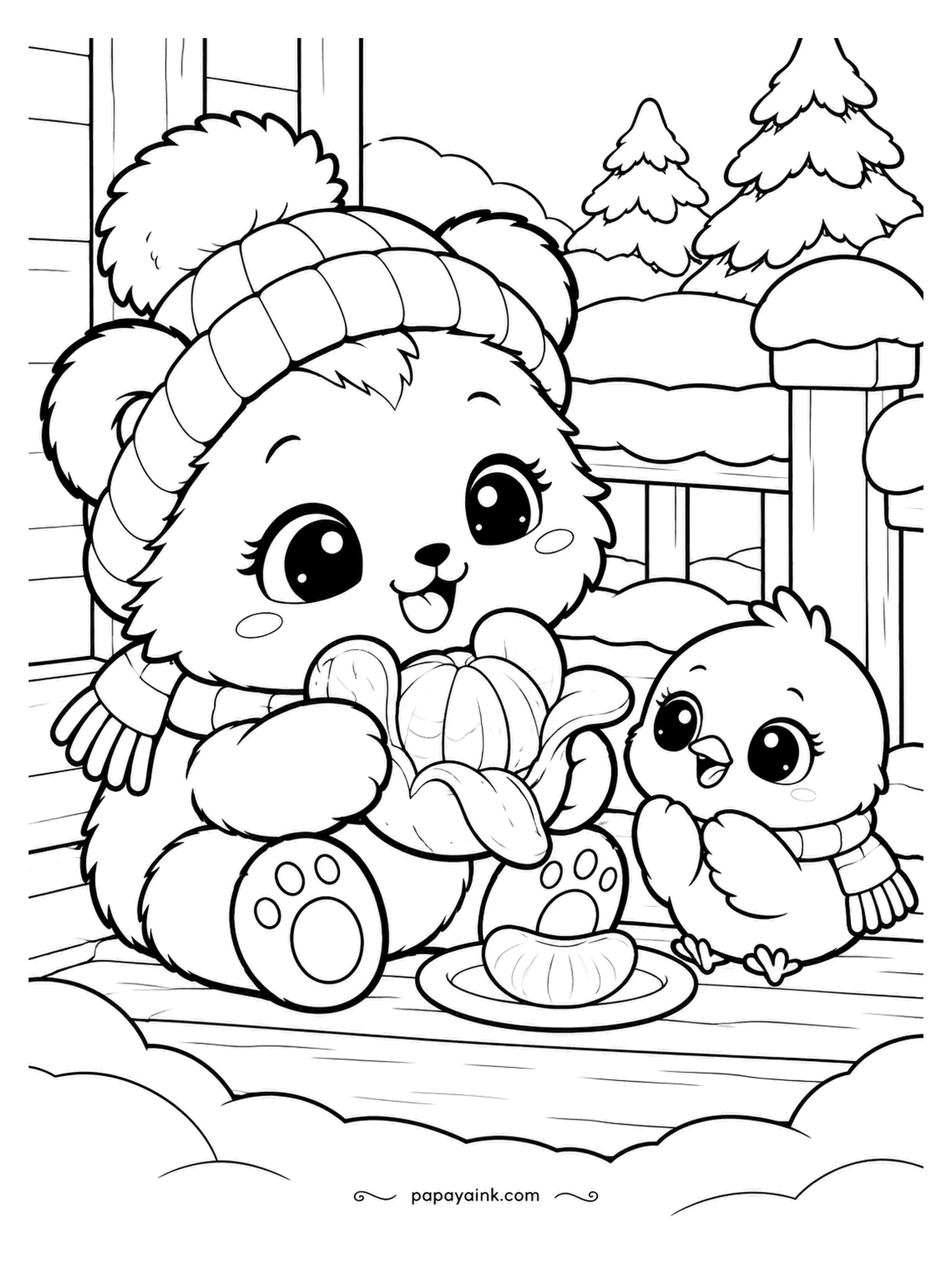 Kawaii Winter Coloring Pages - Peeling a mandarin with paws takes patience, and the chick has run out of it. The bear cub gets the peel off in one long strip while a single segment sits on the plate - the chick's, apparently. Orange fruit, peel a shade lighter.
