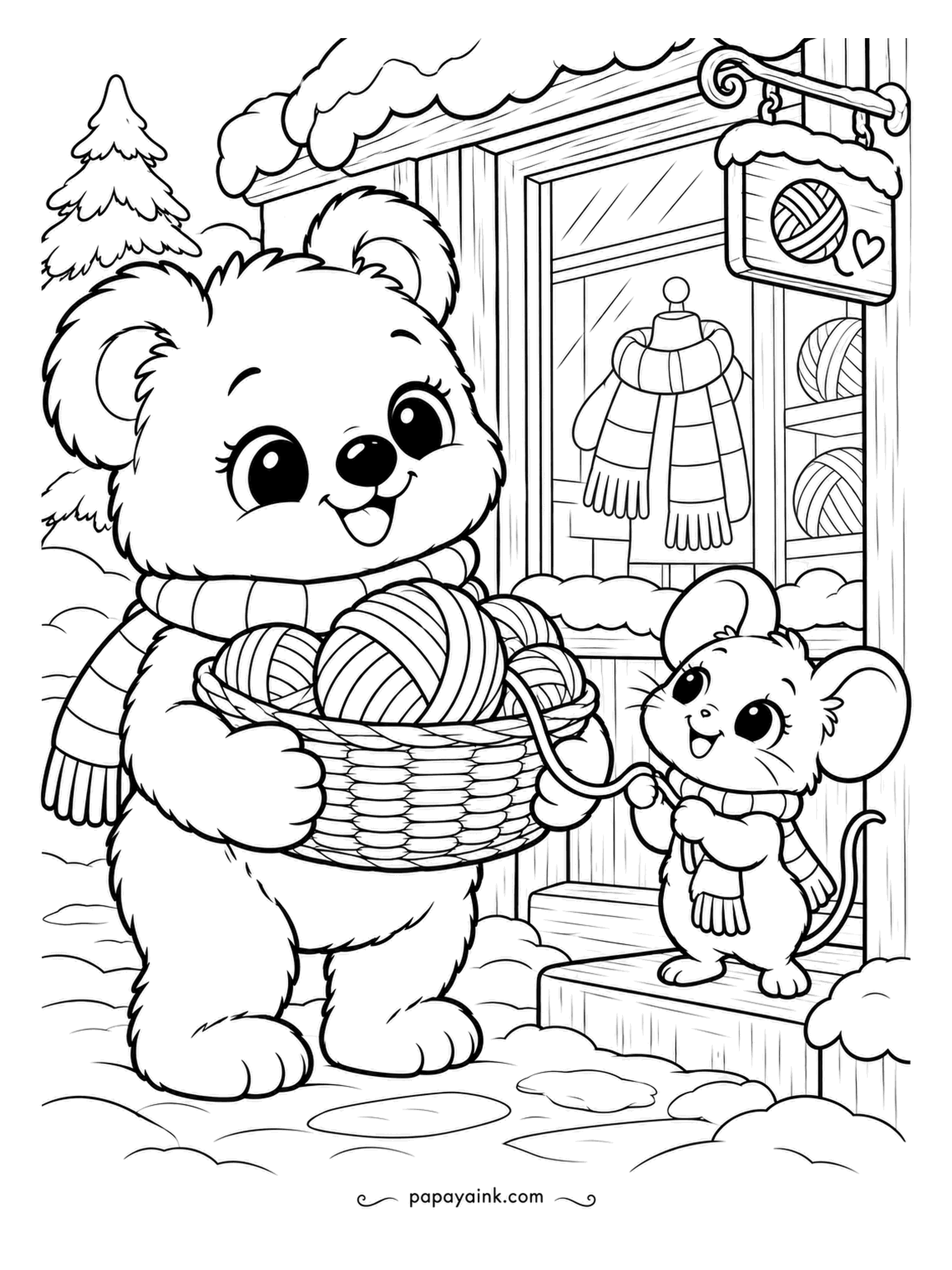 Cute Winter Coloring Pages - Yarn shop run. The bear carries a basket of wool balls out the door while the mouse in a scarf holds the loose end and tries to keep up. Scarf in the window, sign above. Every ball of yarn a different color.