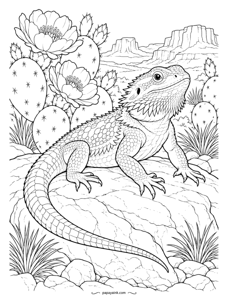Lizard Coloring Pages - Sunning himself on a warm slab, the bearded dragon has his beard spines half raised, prickly pear blooming behind him and the mesas fading into haze. Detailed - every scale is drawn, so sharpen the pencils and settle in.