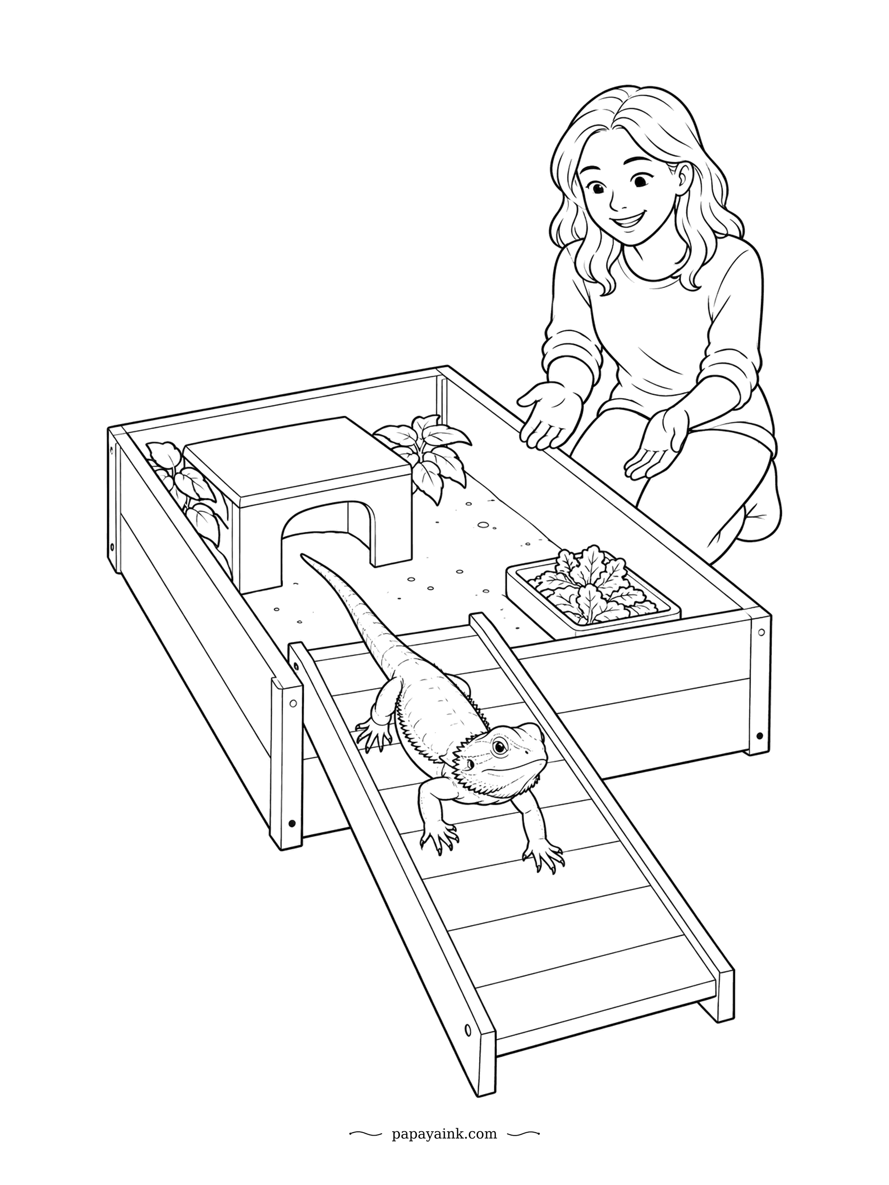 Lizard Coloring Pages - First trip down the new ramp. The bearded dragon takes it one careful step at a time while the girl crouches at the bottom with open hands, cheering it on. Isometric wooden enclosure, hide box and a dish of greens.