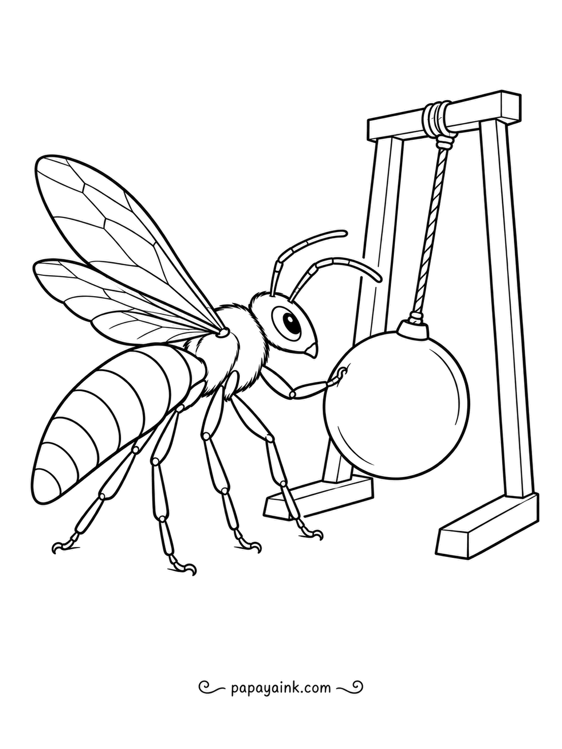Bee Coloring Pages - Nudged by a slender bee, a heavy ball on a rope starts to swing inside a tall wooden frame. The knot at the top of the rope and the veined wings call for careful, fine-line coloring.