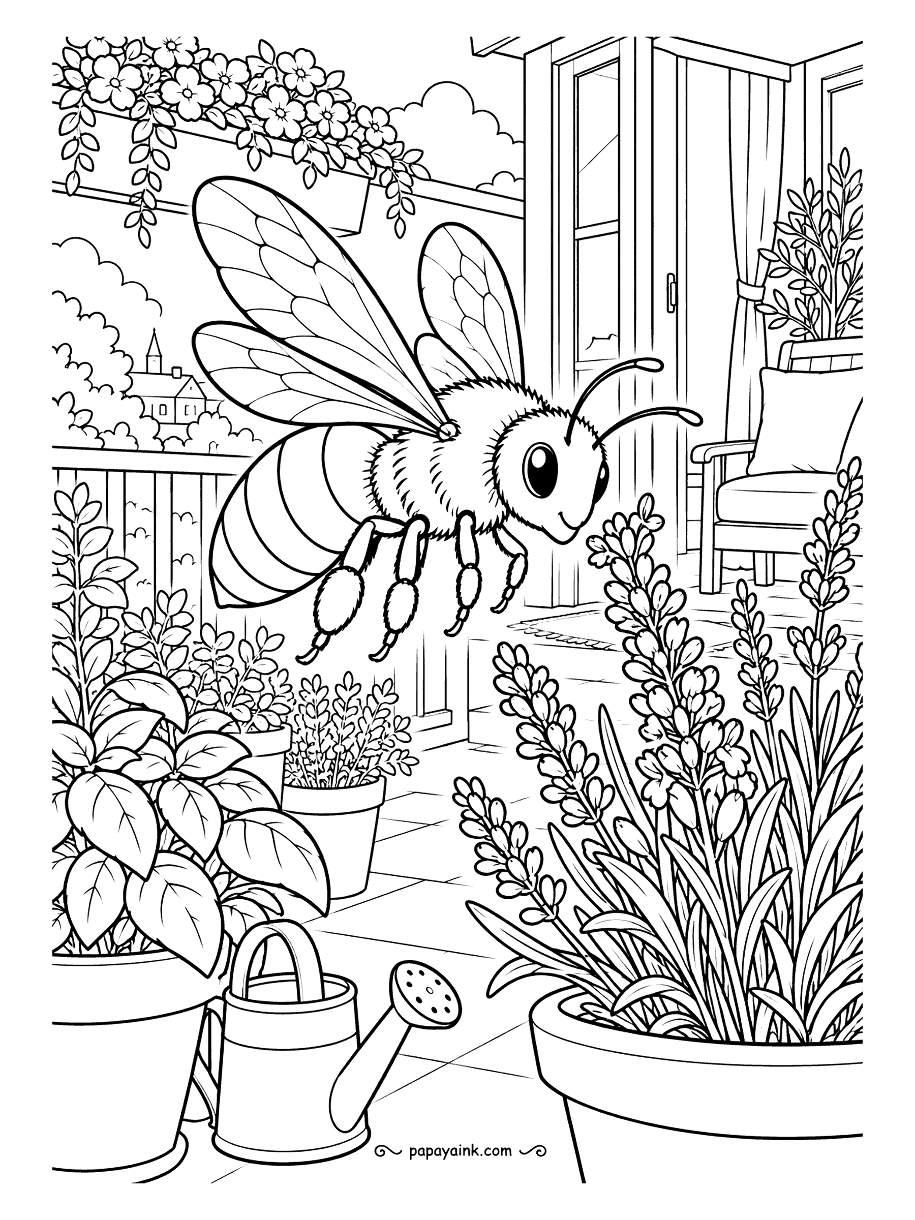 Bee Coloring Pages - Someone's city balcony - pots of lavender, a watering can, a chair by the open door - and one bee that found it from the street below. Detailed - tiles, railings and leaves give plenty of small areas to fill.