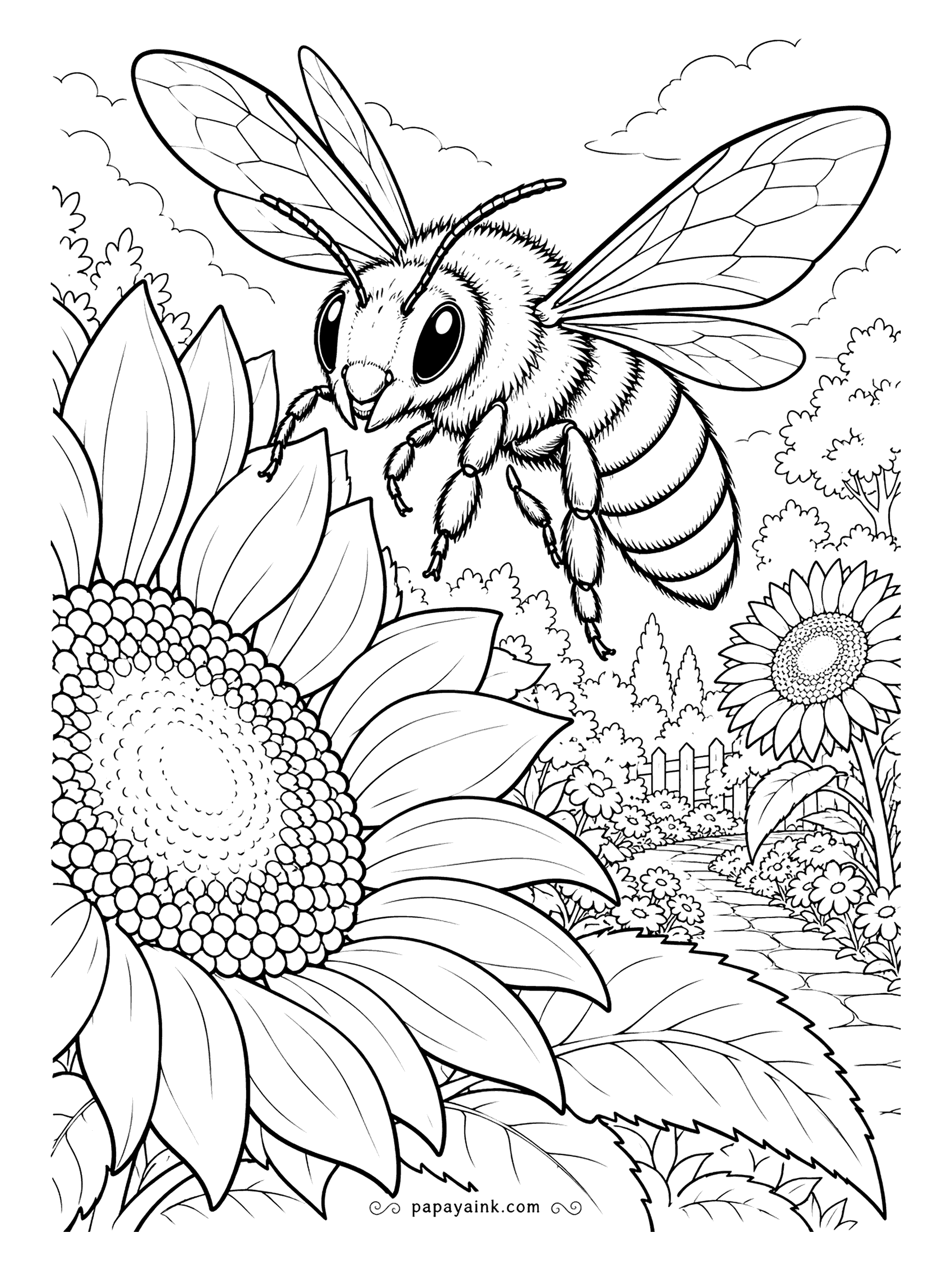 Bee Coloring Pages - The sunflower's seed head is a spiral of hundreds of tiny cells, and the bee hovers above it with wings blurred mid-flap. More sunflowers and a garden sit far back. Detailed - the seed spiral takes patience but rewards it.