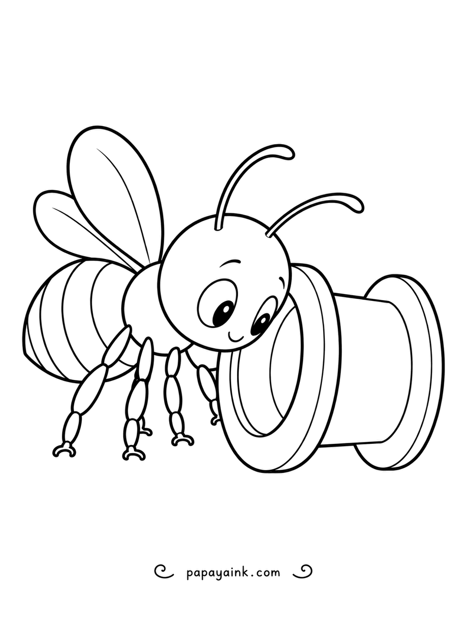 Bee Coloring Pages - Curious little eyes peer into an empty thread spool as this round bee leans in for a closer look. The stripes, segmented legs and wide spool rims are big, friendly shapes that suit younger colorists.