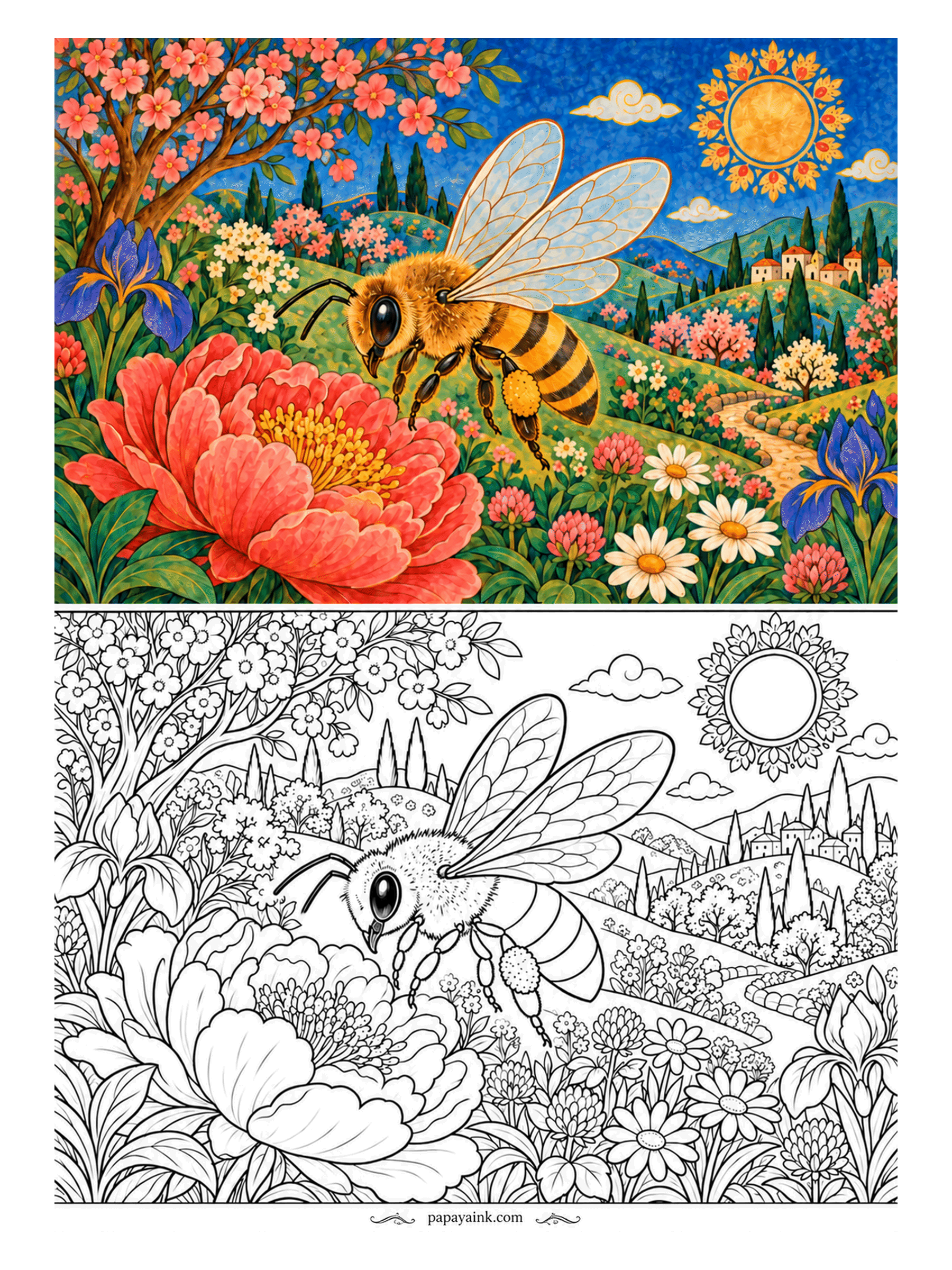 Bee Coloring Pages - The peony is the size of a dinner plate and the honeybee lands dead center, where the pollen is. Irises and daisies fill in around her. Copy the striped abdomen from the sample first; the wings only need a wash of pale gray.