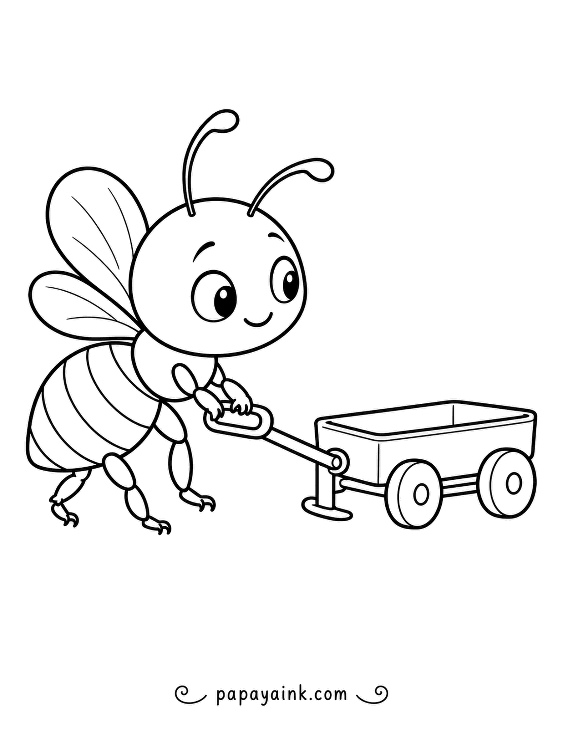 Bee Coloring Pages - Stepping backward with a big grin, a round little bee tugs a toy wagon along by its long handle. The wagon is an empty box on four wheels, so fill it with any treasures you want to draw.