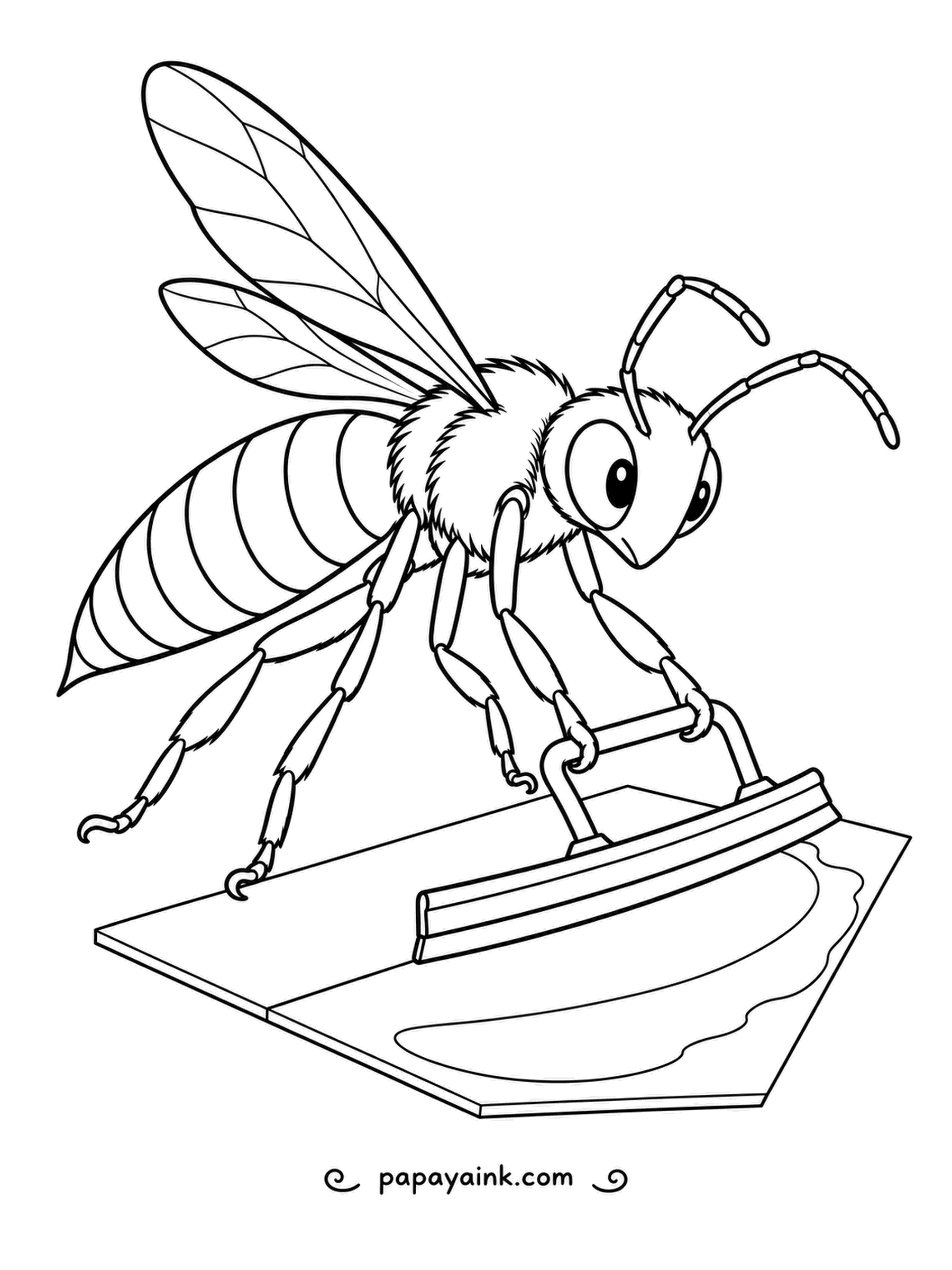 Bee Coloring Pages - Armed with a squeegee held in both front legs, a long-legged bee pushes a puddle across a flat tile. Light blue for the water and a darker shade for the tile make the wet streak stand out.