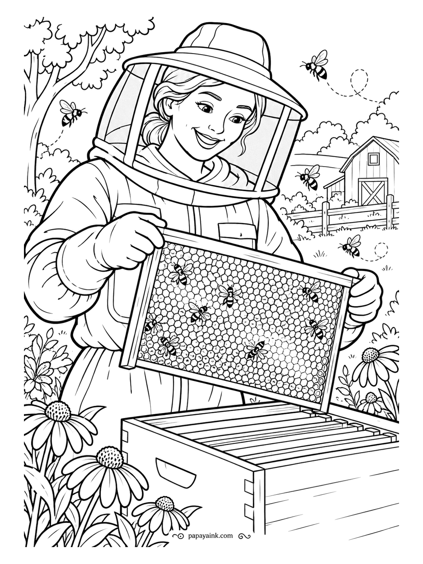 Farm Coloring Pages - Beekeeper in a full veil lifting one frame out of the hive, the comb drawn as a honeycomb grid with bees walking across it. A few more circle her hat. The suit stays white; the comb goes amber, the flowers below whatever you like.
