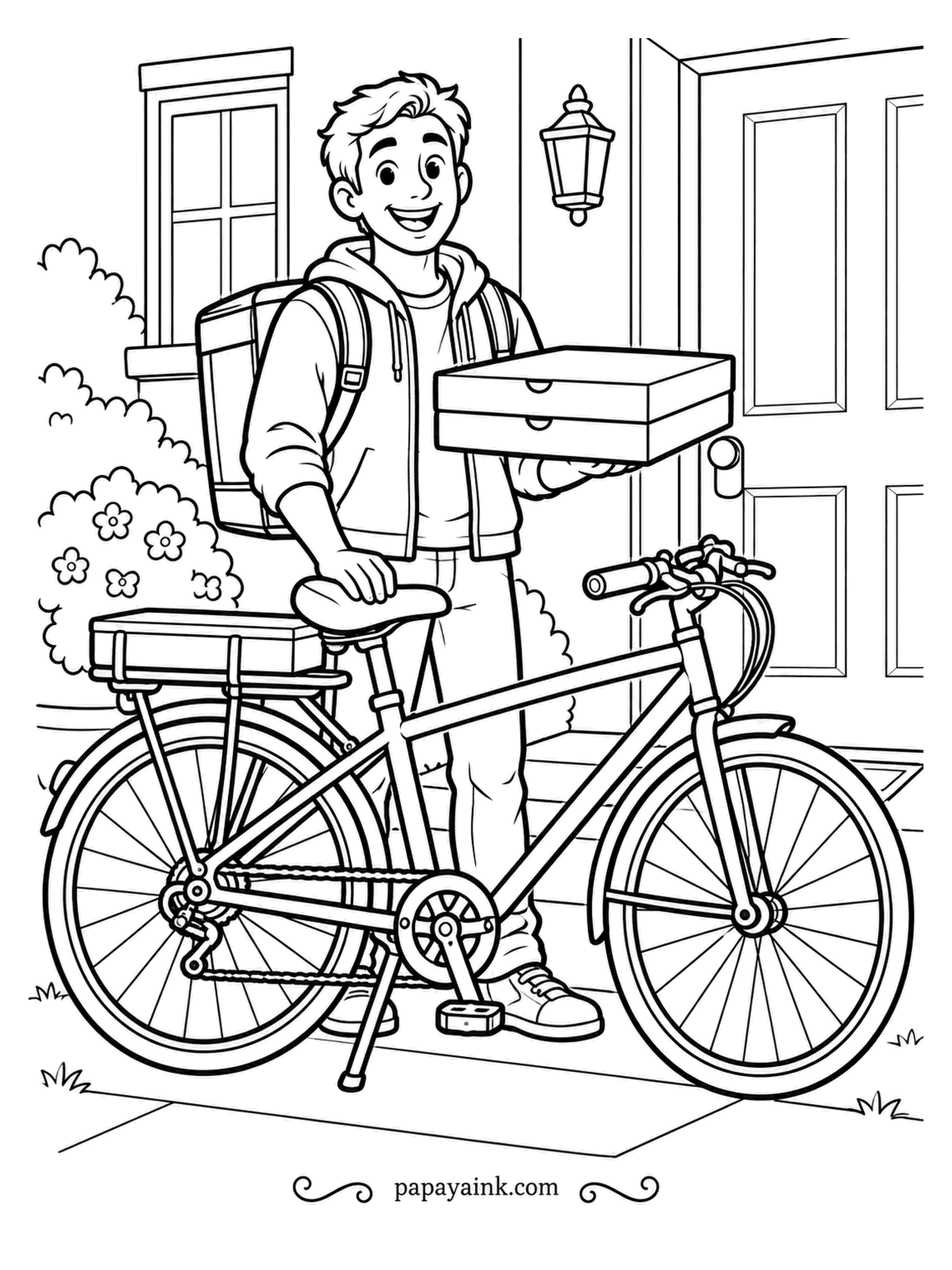 Pizza Coloring Pages - Delivery by bicycle: insulated backpack, two boxes under one arm, a porch lantern and a hedge in bloom. The bike has spokes, chain and a kickstand, so this is a page for patient hands. Detailed.