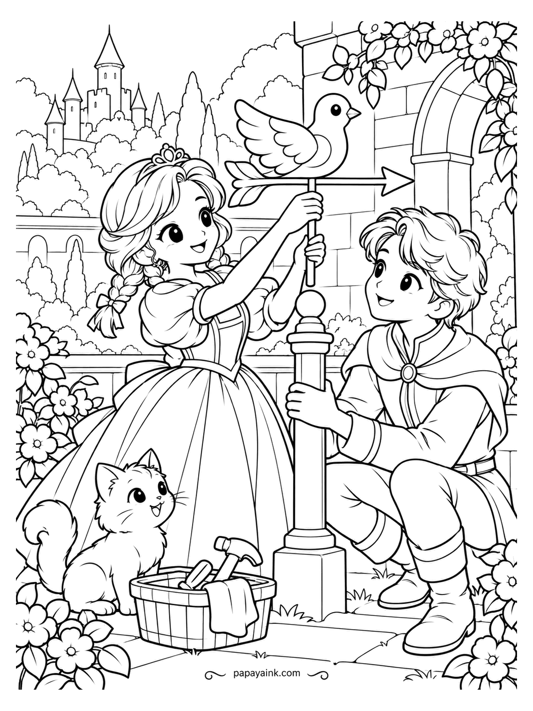 Kawaii Princess Coloring Pages - New weather vane going up, bird and arrow first. The princess with the braids lifts it onto the post, the prince holds the post straight, and the kitten keeps an eye on the hammer in the bucket. Bird in one strong shade against the sky.