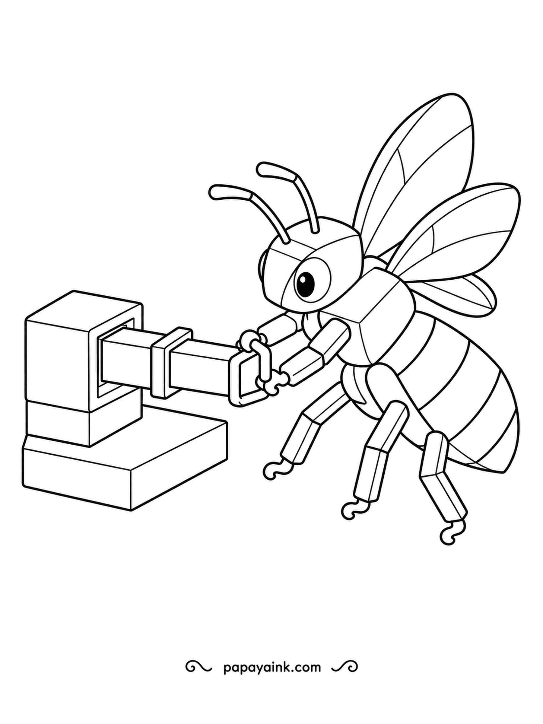 Bee Coloring Pages - Made of boxy segments like a toy kit, this bee grips a sliding beam and pulls it out of a square housing. Every flat face is its own space, so try light and dark shades of one color for a solid, three-dimensional effect.