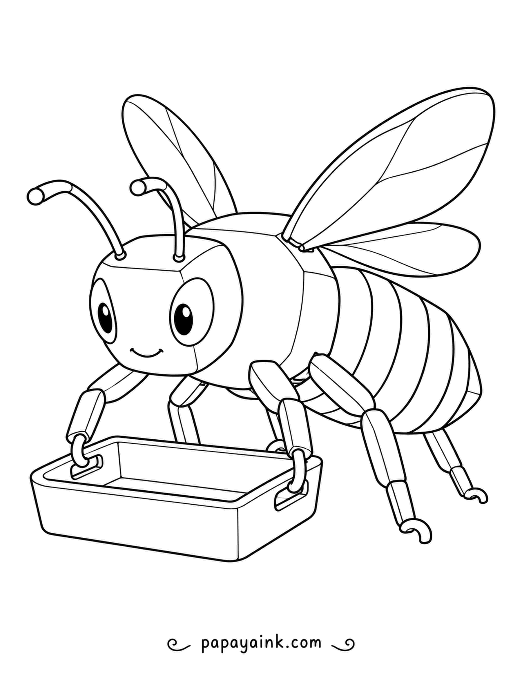 Bee Coloring Pages - Clutching a shallow bin by its two handles, a chunky block bee gets ready to carry it off to work. Squared panels on the head and body are easy to fill one at a time with bold colors.