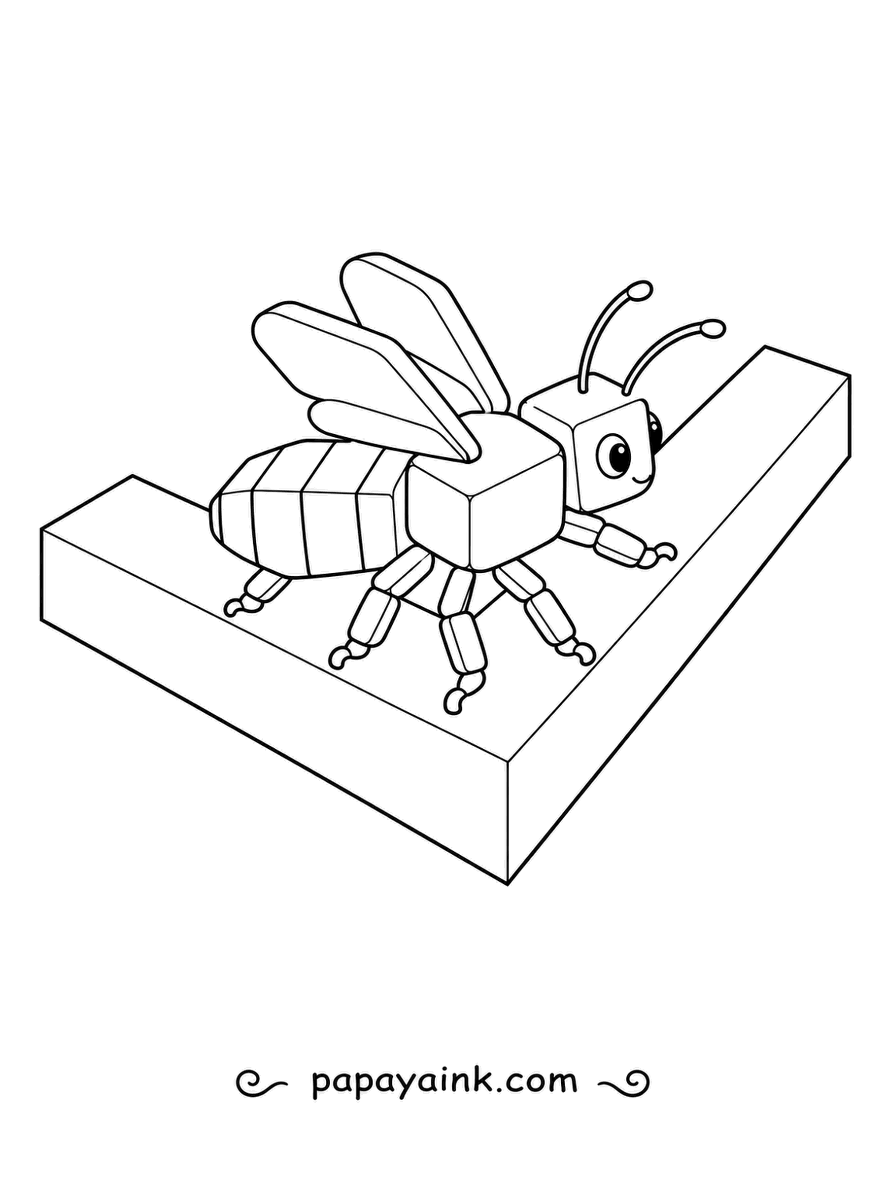 Bee Coloring Pages - Crossing an L-shaped ledge, a cube-headed bee picks its way along on jointed, stick-like legs. Straight edges everywhere keep this a tidy sheet for kids who like neat, geometric coloring.
