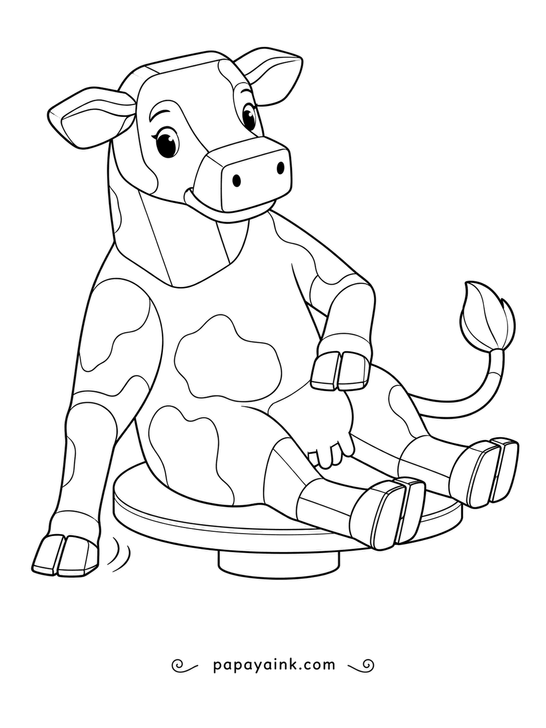 Cow Coloring Pages - Perched on a lazy-Susan disk, one forehoof pushing off the floor: the boxy heifer spins in a slow, delighted circle and has no plans to stop. Chunky shapes and spots to fill.