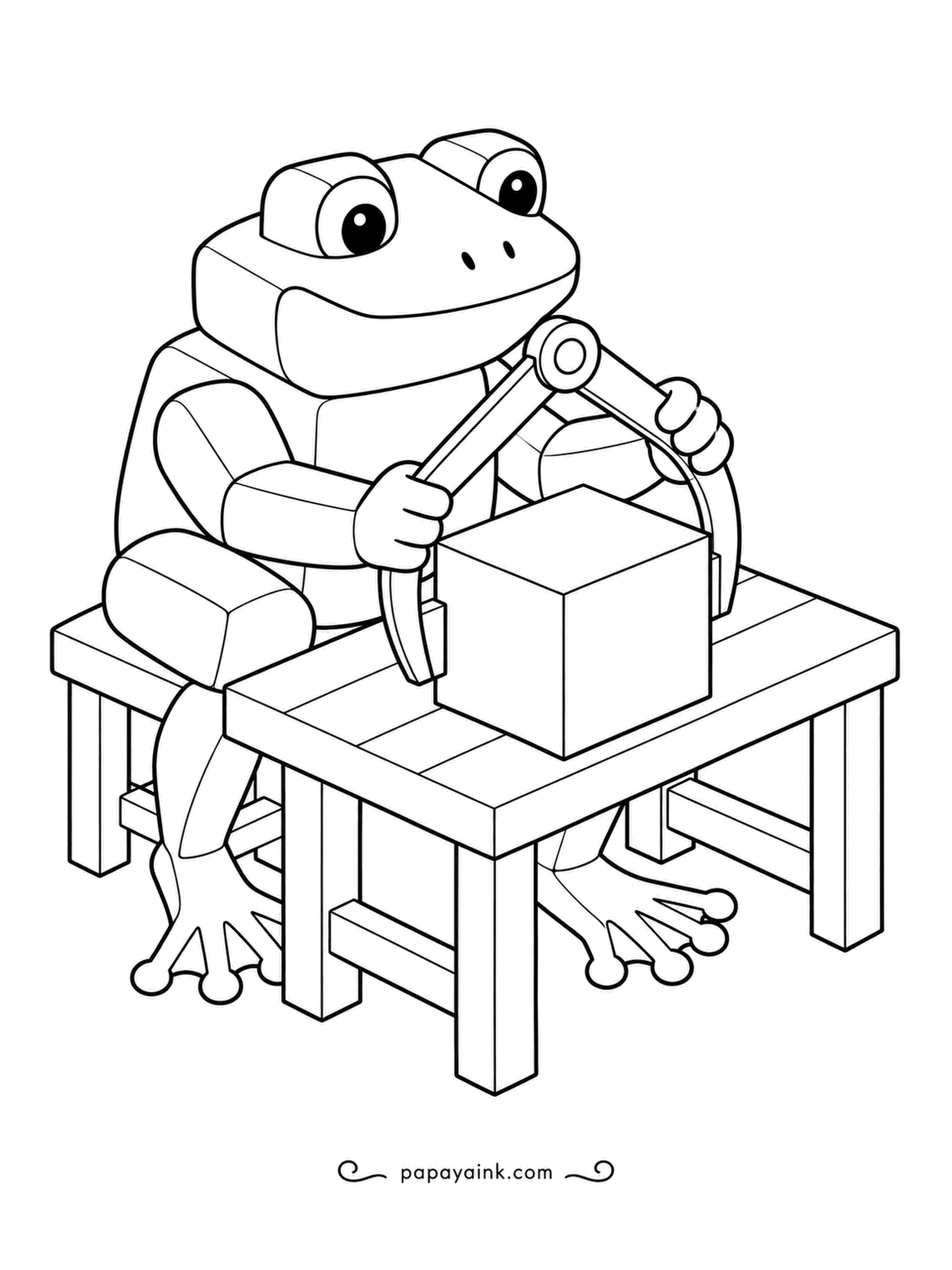 Frog Coloring Pages - Calipers measure an object by closing two jaws on opposite sides, and the block-built frog is checking whether this cube is truly square. Seated at the workbench, very precise. Isometric lines.