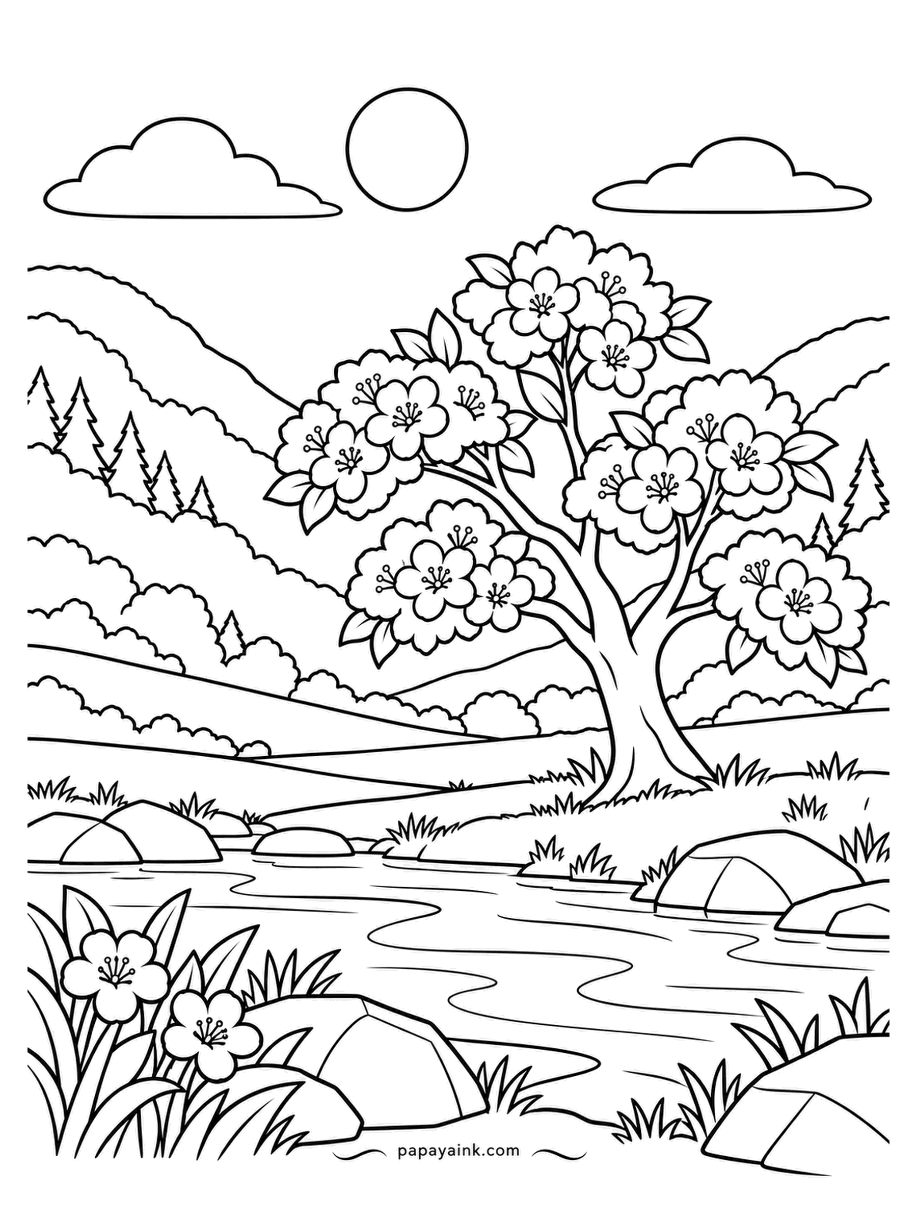 Nature Coloring Pages - Cherry blossom lasts about a week, which is why the tree gets the whole page to itself while it can. A brook runs past its roots and fir slopes close the valley. Pale pink petals with a darker pink at the base of each flower.