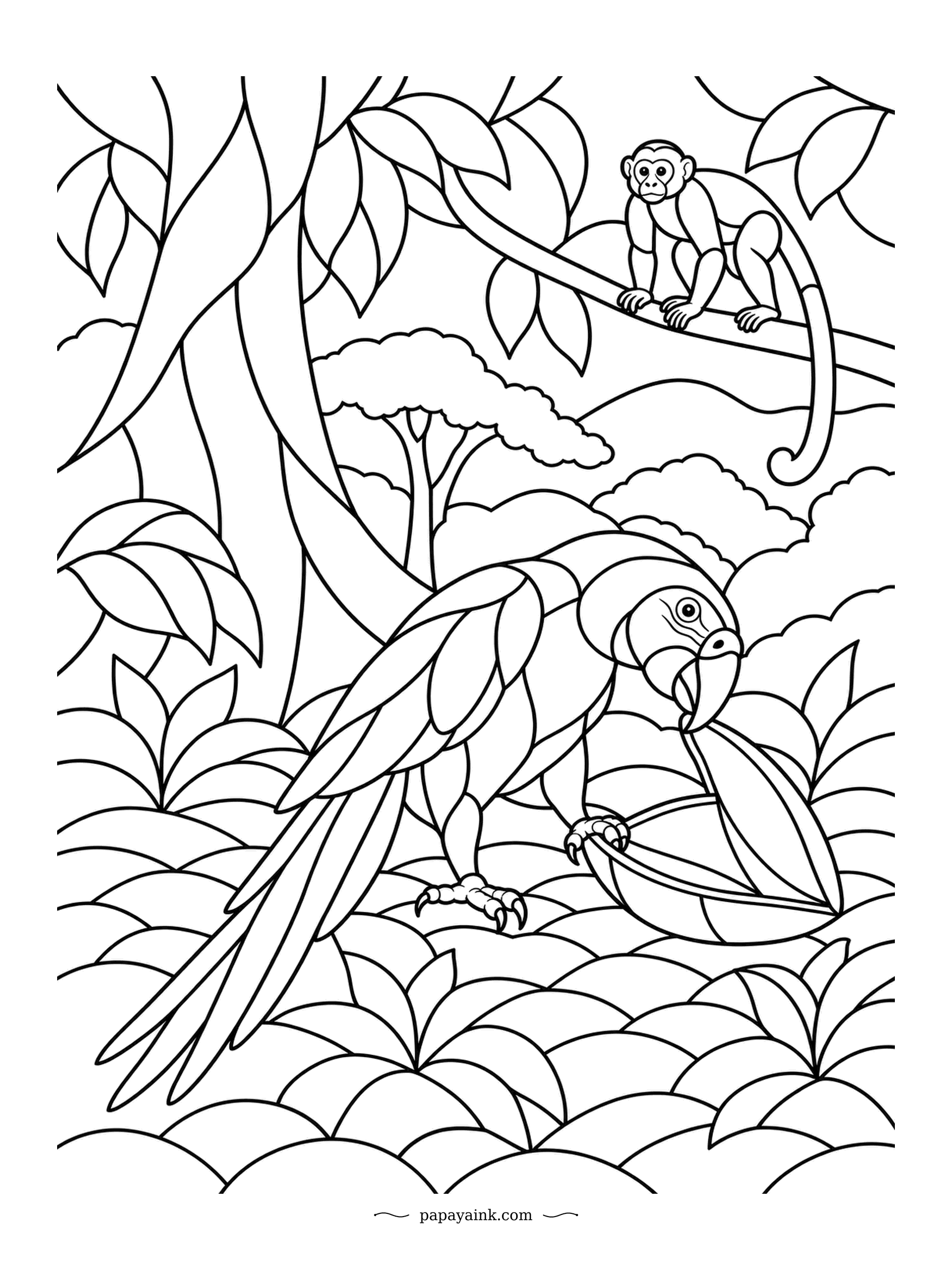 Parrot Coloring Pages - The seed is gone, but the husk still deserves a thorough check. A monkey watches from the branch above, possibly hoping for leftovers. Stained-glass foliage and curves crowd every corner - slow, absorbing work.