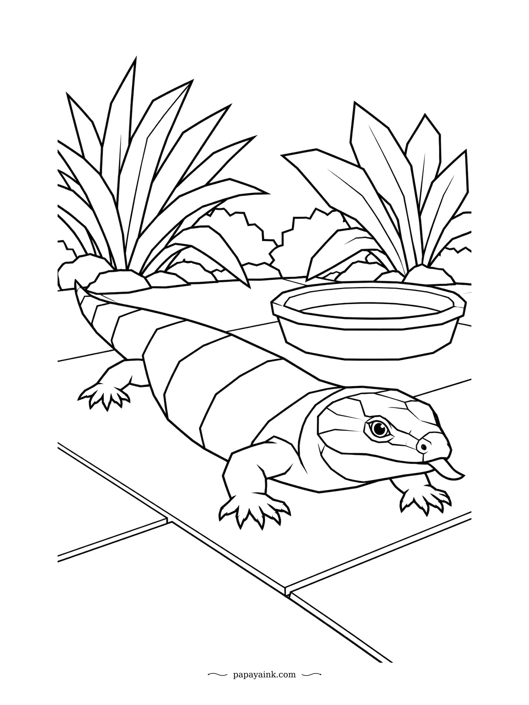 Lizard Coloring Pages - A blue-tongued skink flicks out that famous tongue beside the water dish. In the wild the flash of blue is enough to startle most predators. Faceted plants and paving stones - try one strong blue and keep everything else soft.