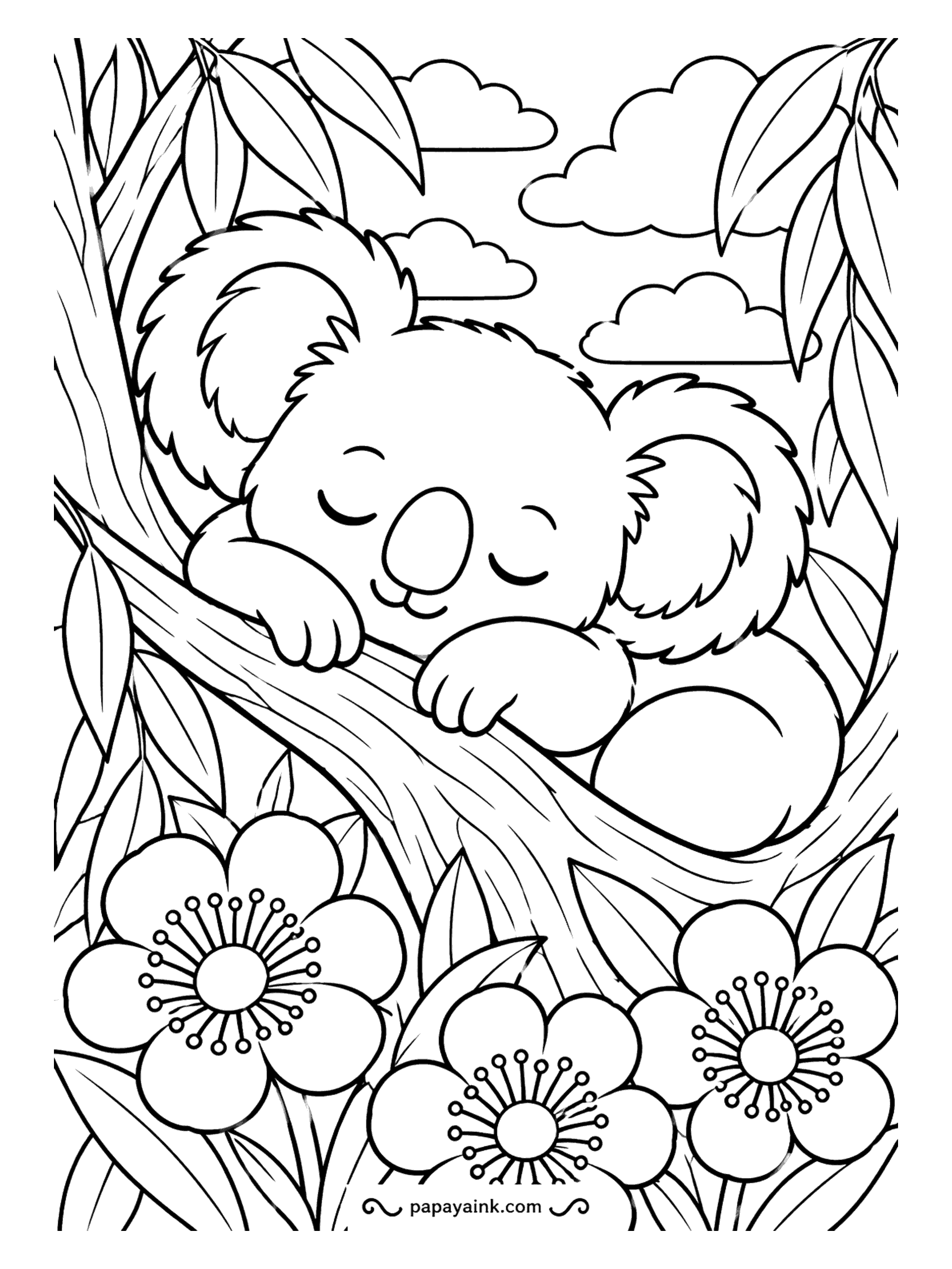 Koala Coloring Pages - Thick outlines and nothing fussy: a koala asleep on a branch, clouds above and big round blossoms below. Made for markers, toddlers and anyone who wants a page done in ten minutes.