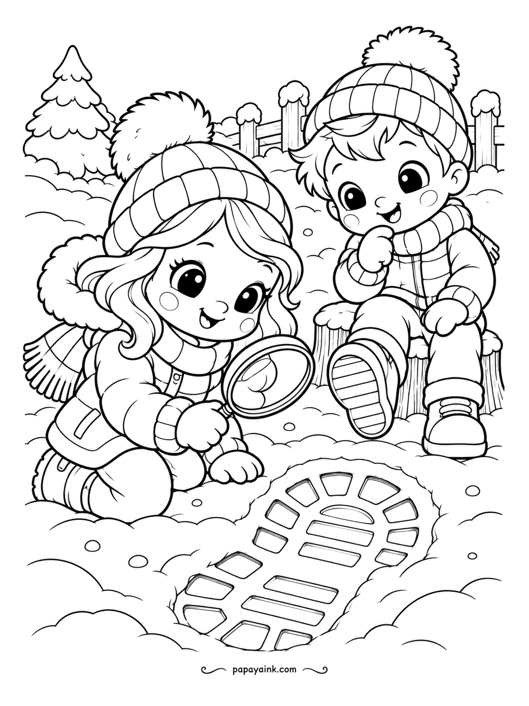 Cute Winter Coloring Pages - Detective work. A girl with a magnifying glass studies a huge boot print in the snow while the boy on the stump lifts his own boot for comparison. Fence and fir at the back. Keep the print white and color the detectives.